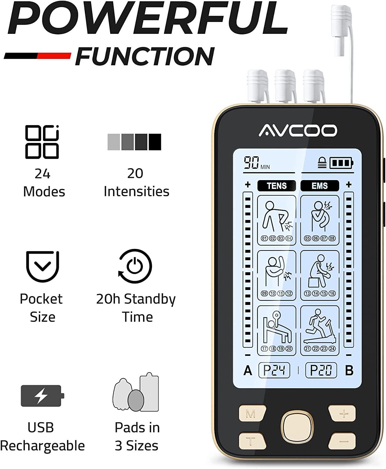  AVCOO 30 Modes TENS EMS Unit Compact Muscle Stimulator for Pain  Relief, Rechargeable & Portable Dual Channel EMS TENS Machine with 30  Intensity Levels, 12 Electrode Tens Unit Replacement Pads, Silver 