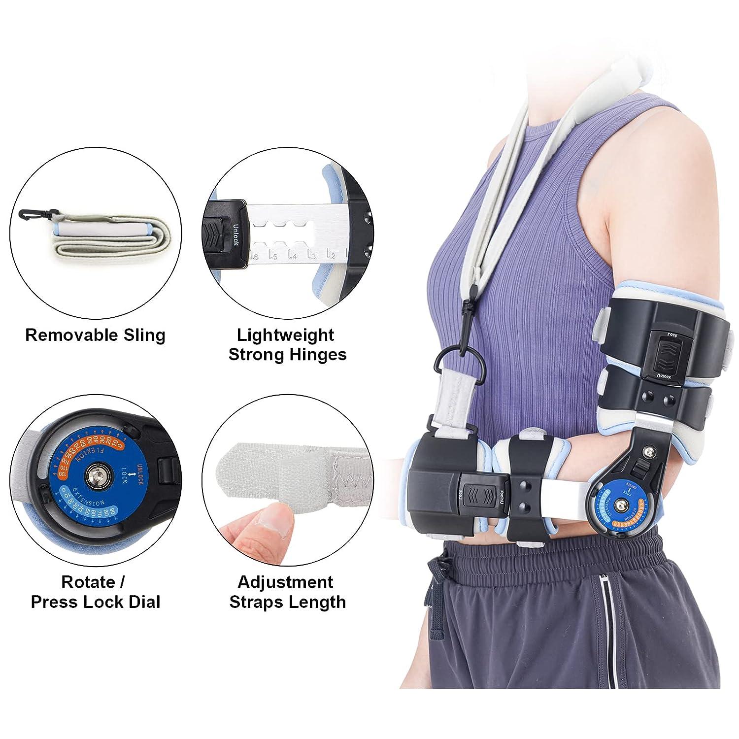 RISURRY Hinged Elbow Brace Adjustable Post OP Elbow Brace with Shoulder  Sling Stabilizer Splint Arm Injury Recovery Support After Surgery (Left Arm)  Universal-Left