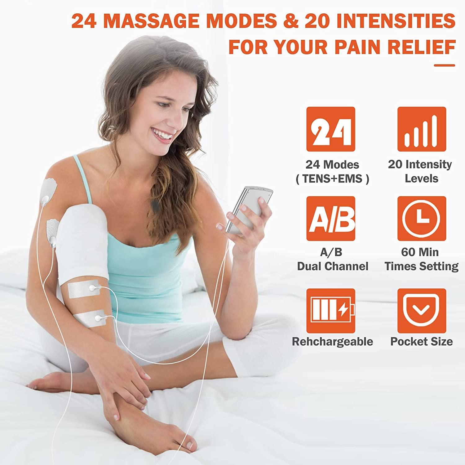 Nursal 24 Modes Dual Channel Tens EMS Unit Muscle Stimulator for Pain Relief Therapy, Rechargeable Tens Machine Pulse Massager with 12 Pcs Electrode