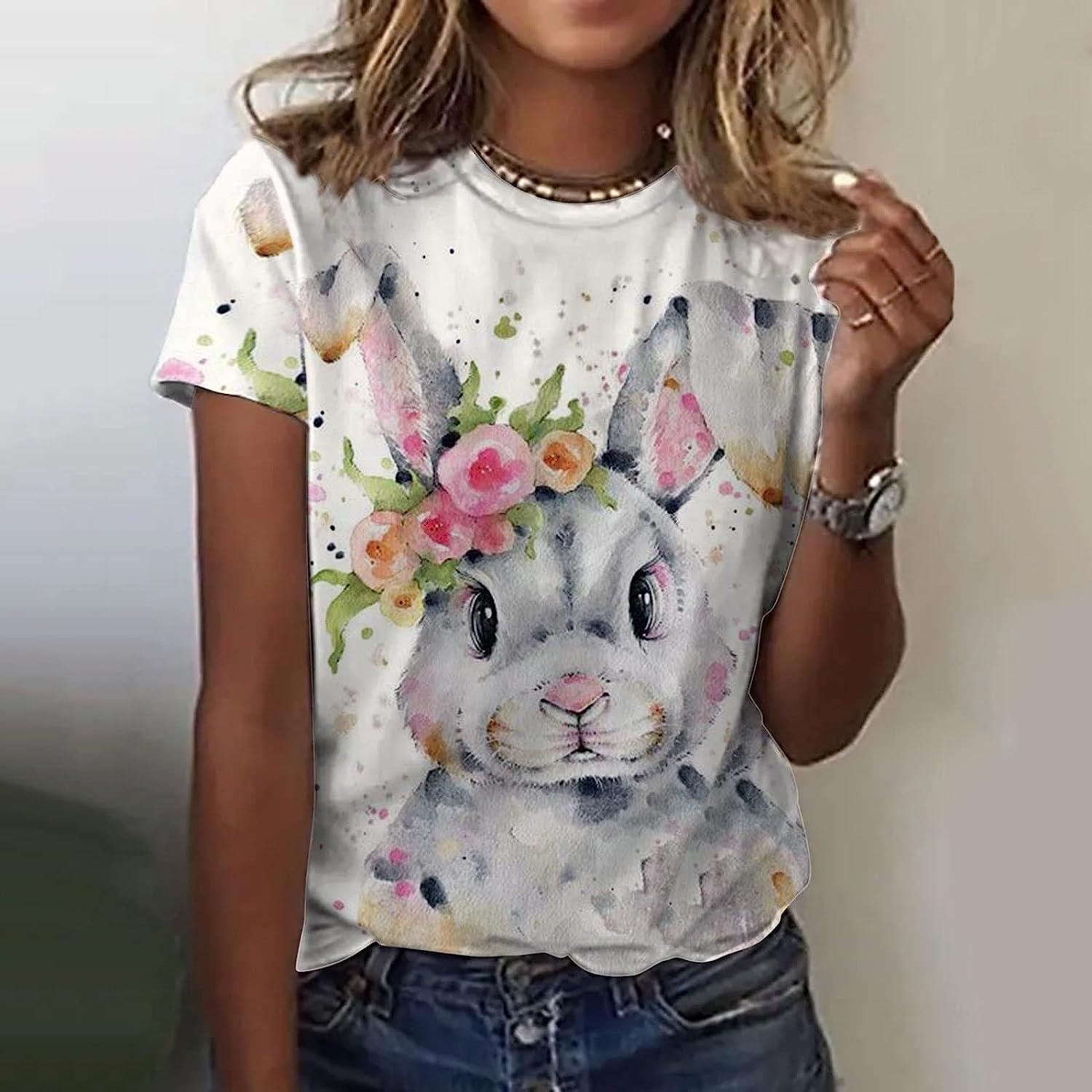 Bunny Shirts for Women Kawaii Happy Easter Day T-Shirt Short