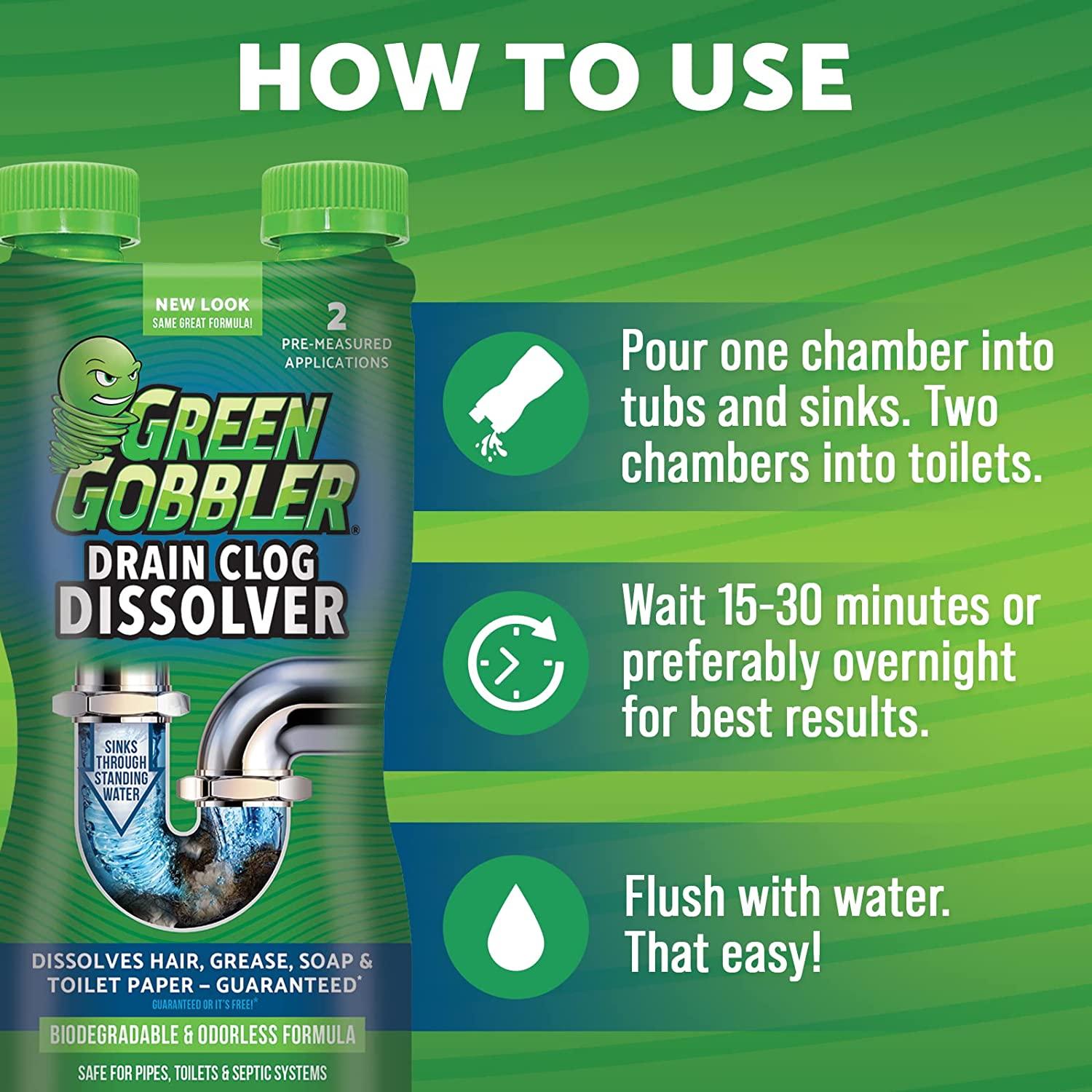 Green Gobbler Liquid Hair Drain Clog Remover, For Toilets, Sinks, Tubs -  Septic Safe, 2 Pack + 5 Hair Snake Tools