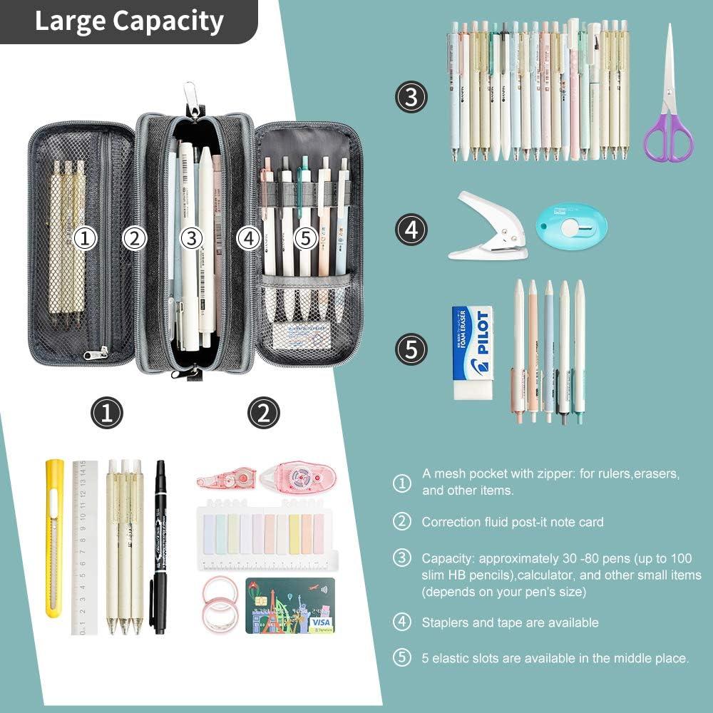 Pencil Case Big Capacity Pen Pouch Large Storage Holder Marker Pen Bag  Durable 3 Compartment School Office Desk Organizer Portable Cute Zipper