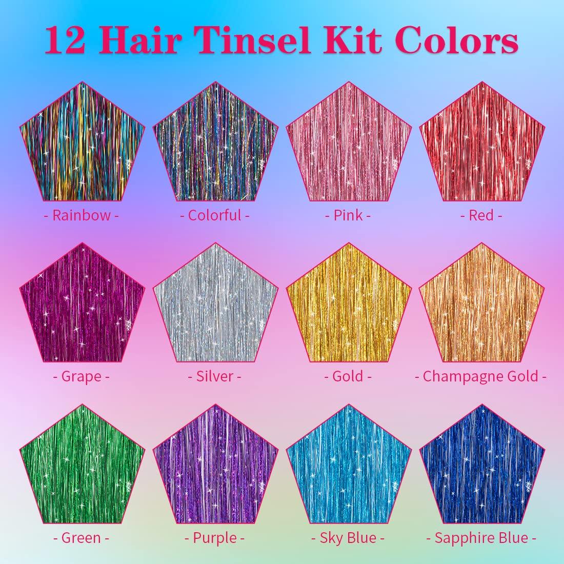 Hair Tinsel Kit, 47 Inch Hair Glitter Strands Fairy Hair Kit 12 Colors  GlitterxJ