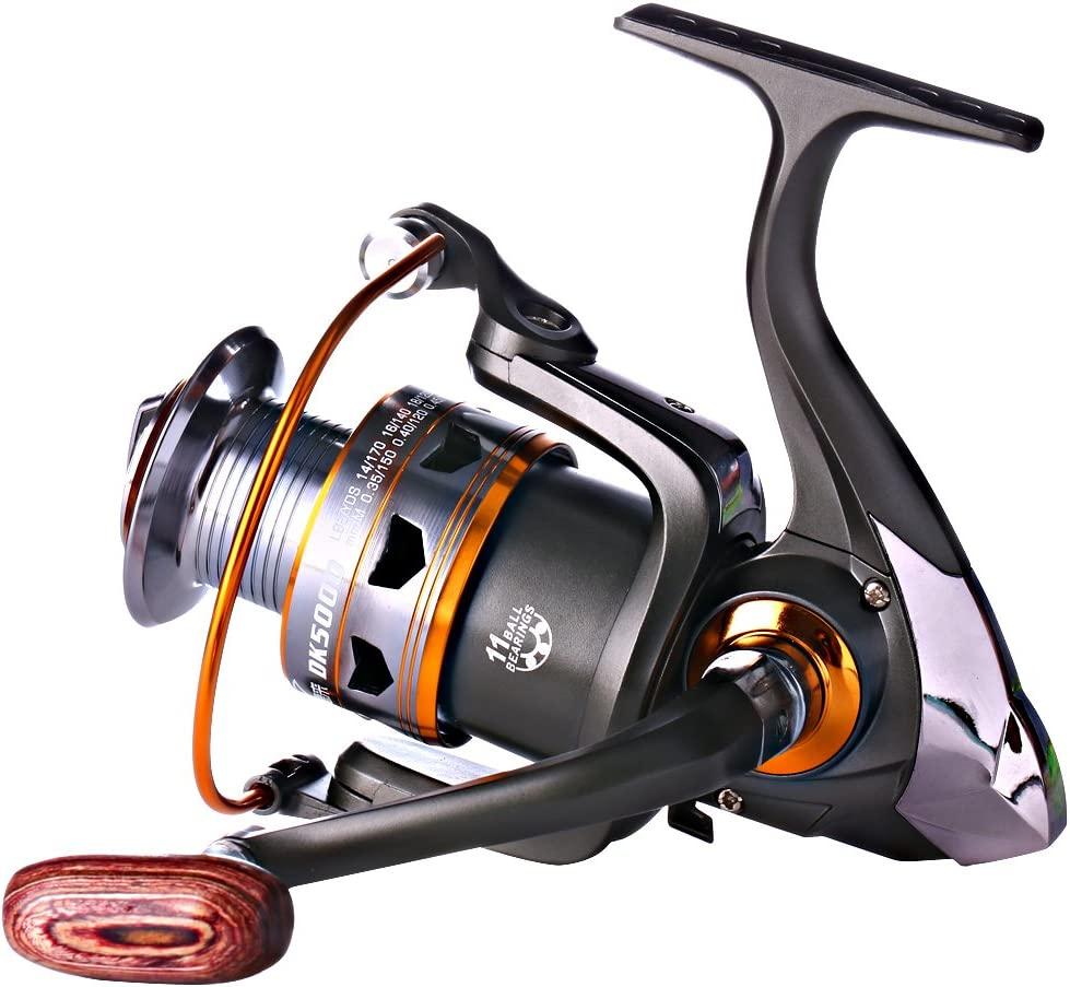 Sougayilang Spinning Fishing Reels with Left/Right Interchangeable  Collapsible Wood Handle Powerful Metal Body 5.2:1/5.1:1 Gear Ratio Smooth  11BB for Inshore Boat Rock Freshwater Saltwater Fishing DK1000