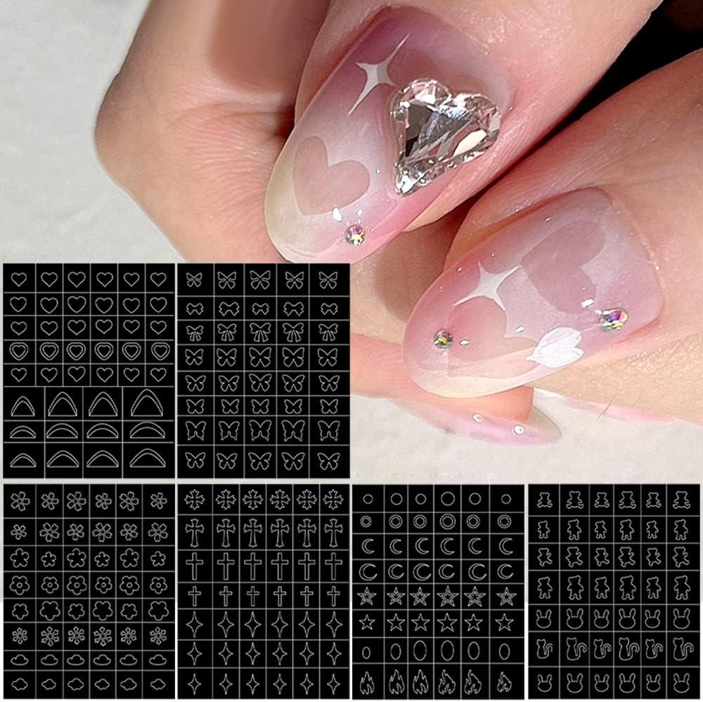 6 Sheets Heart Star Flowers Butterfly Flame Nail Art Stickers, Airbrush  Nail Stencils Stickers for Nail Art French Design Hollow Nail Guides Decals