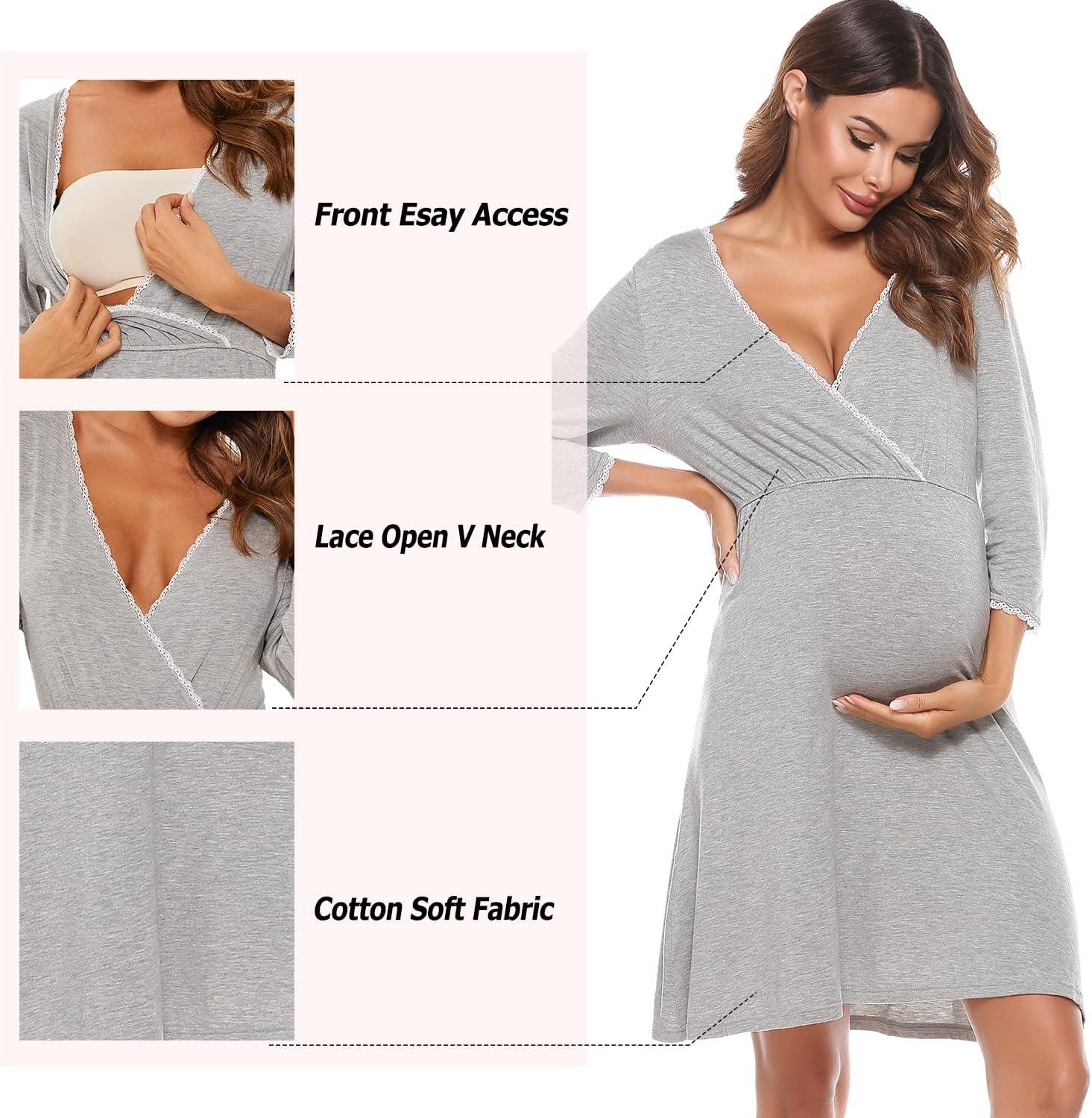 Sykooria Women's Breastfeeding Dress Cotton Soft Nursing Nightdress 3/4  Length Sleeves Maternity Nightdress Labour Nightgown for Hospital and Home  A - Grey XL