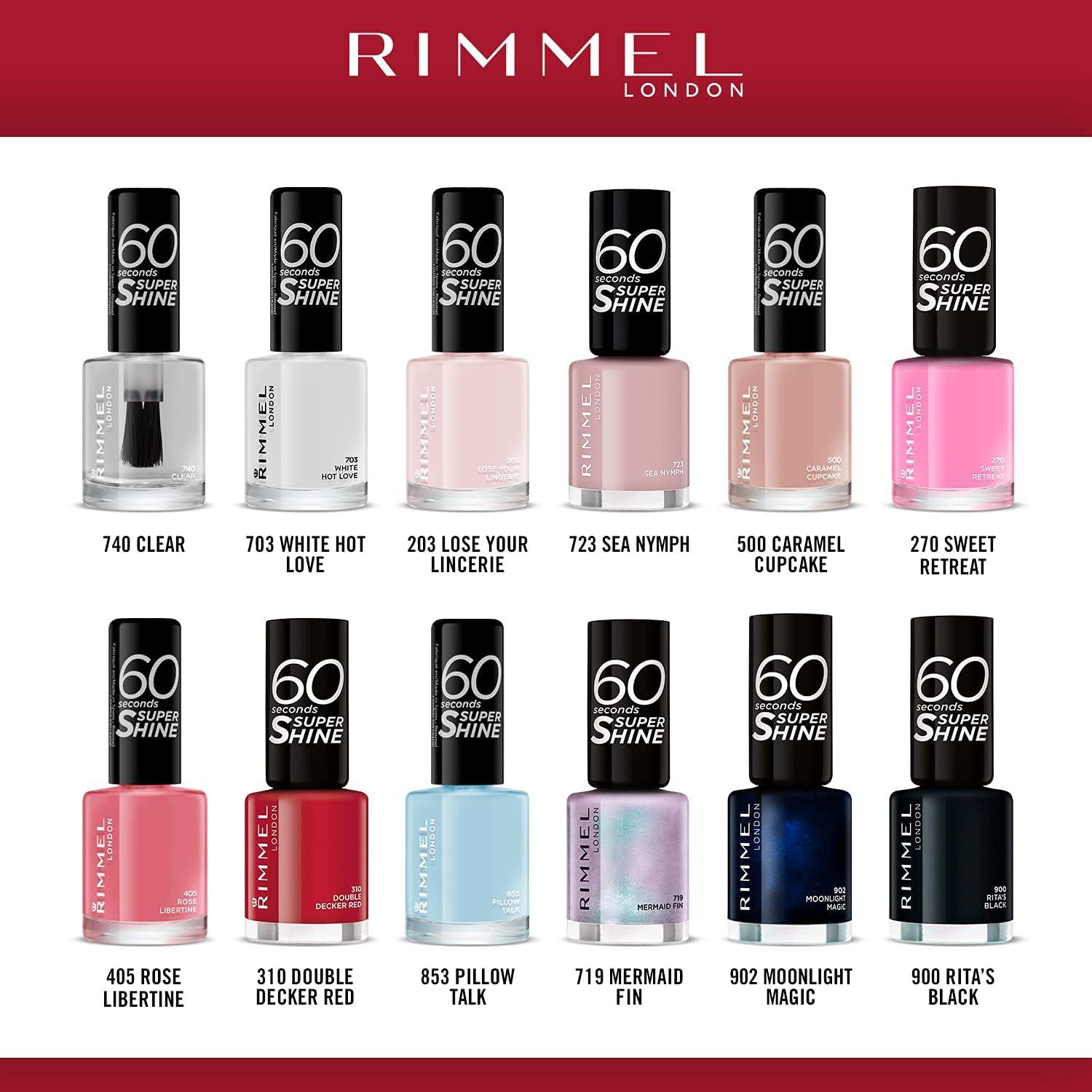 RIMMEL LONDON - 60 Seconds Super Shine Nail Polish Set - Super Glossy, Ultra  Shiny Finish - Precise One Stroke Application - Up To 10 Days Wear - High  Impact Colour - 12 Assorted Shades : : Beauty