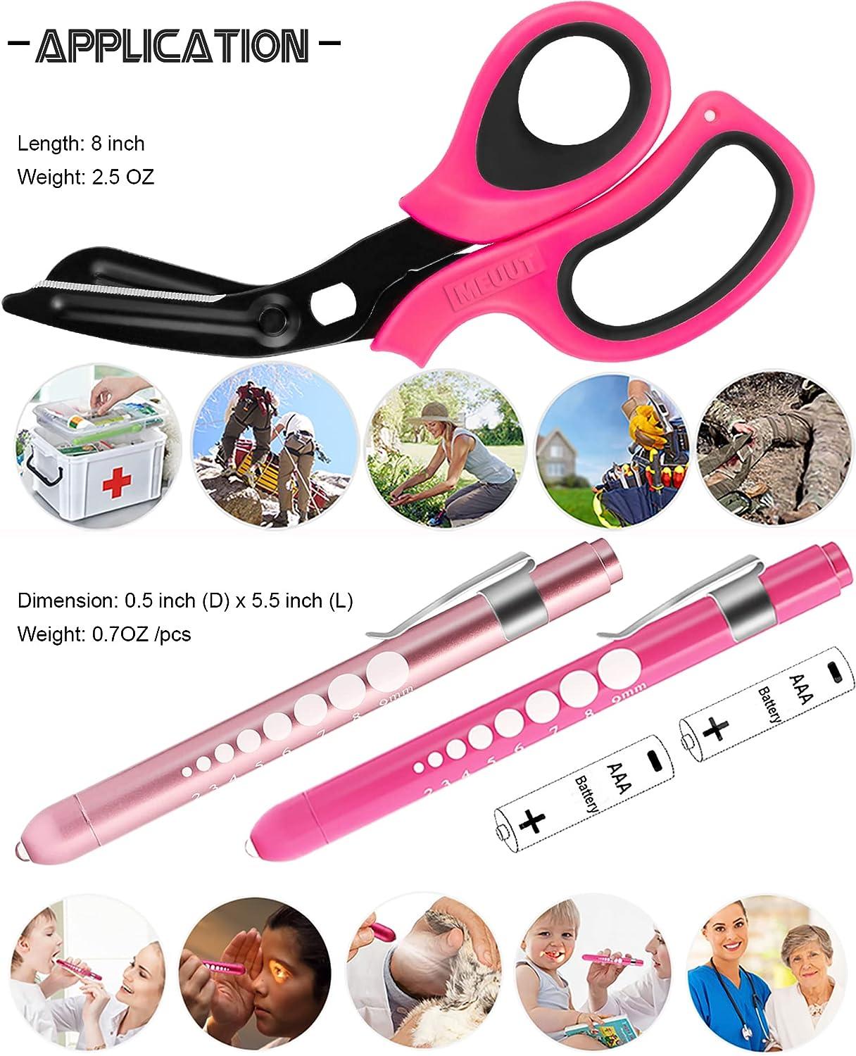 MEUUT 3 Pack Pen light & Medical Scissors-One Pantented Trauma Scissor Two LED  Penlight with Pupil Gauge -8 Bandage Scissor for Nurse Doctor EMT Pink  Scissor+pink&light Pink Penlight
