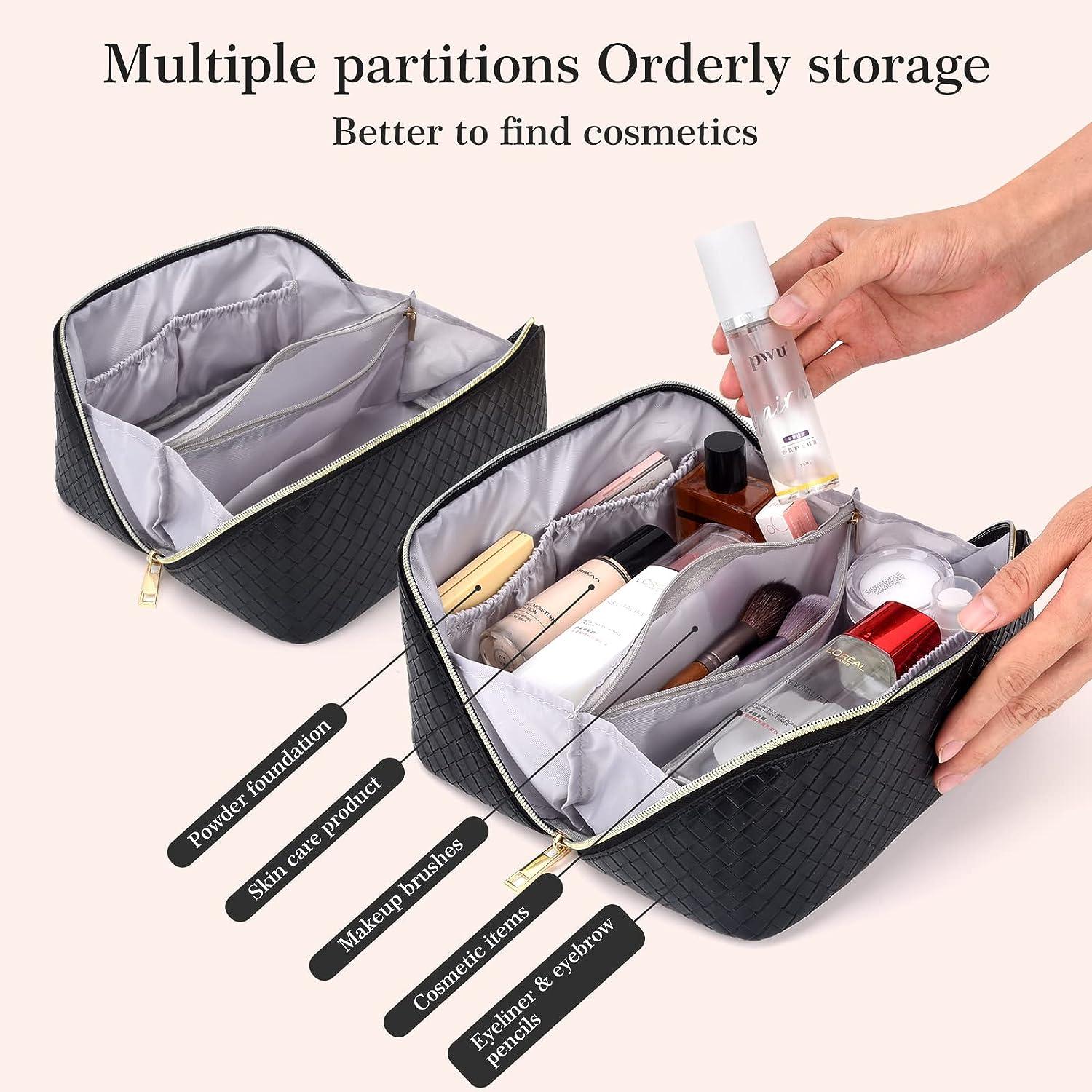  Travel Makeup Bag for Women Large Capacity Cosmetic Bag  Waterproof Black Checkered Portable PU Leather Toiletry Bag Organizer Makeup  Brushes Storage Bag with Dividers and Handle : Beauty & Personal