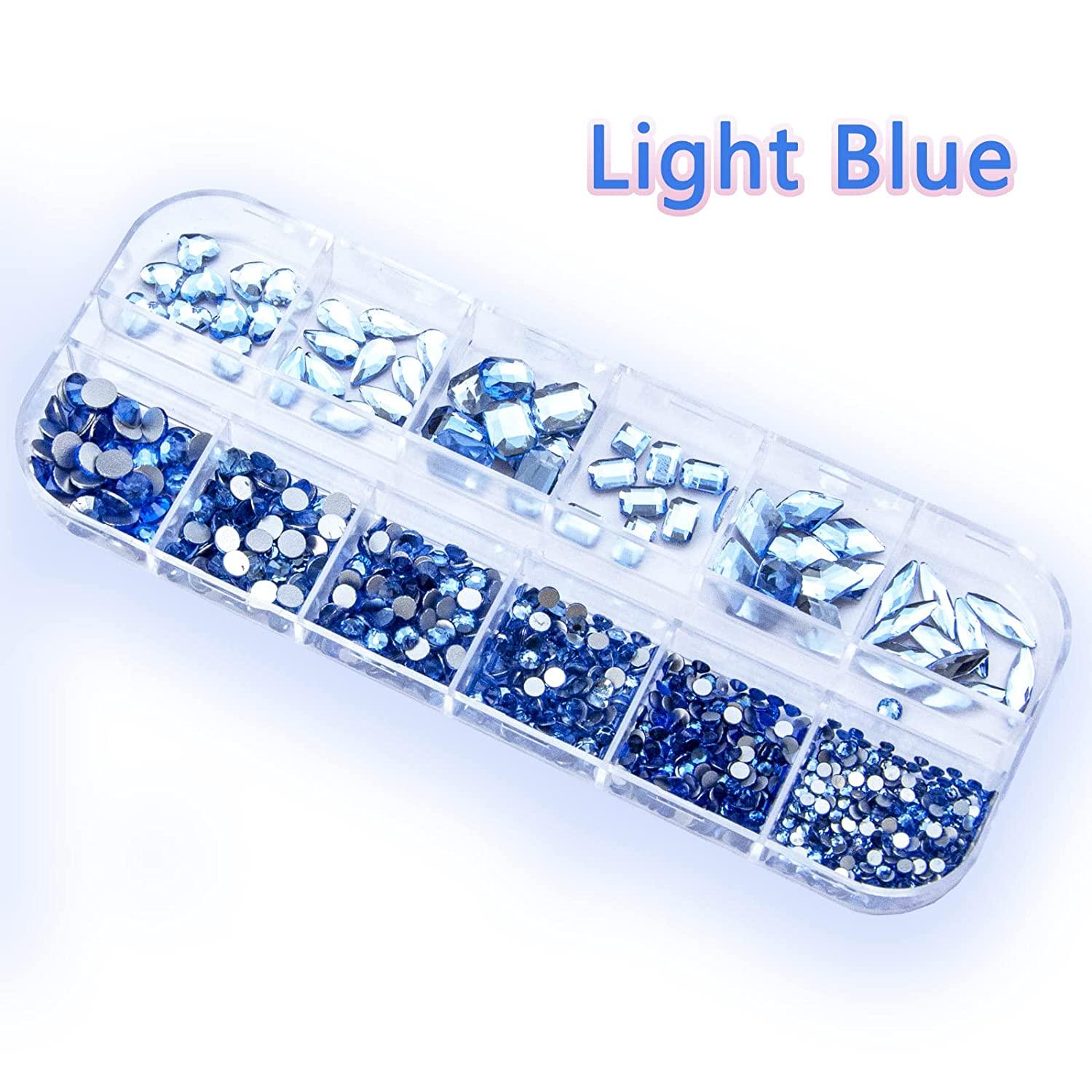 Beadsland Rhinestones for Makeup,8 Sizes 2500pcs Blue Flatback Rhinestones  Face Gems for Nails Crafts with Tweezers and Wax Pencil,Blue