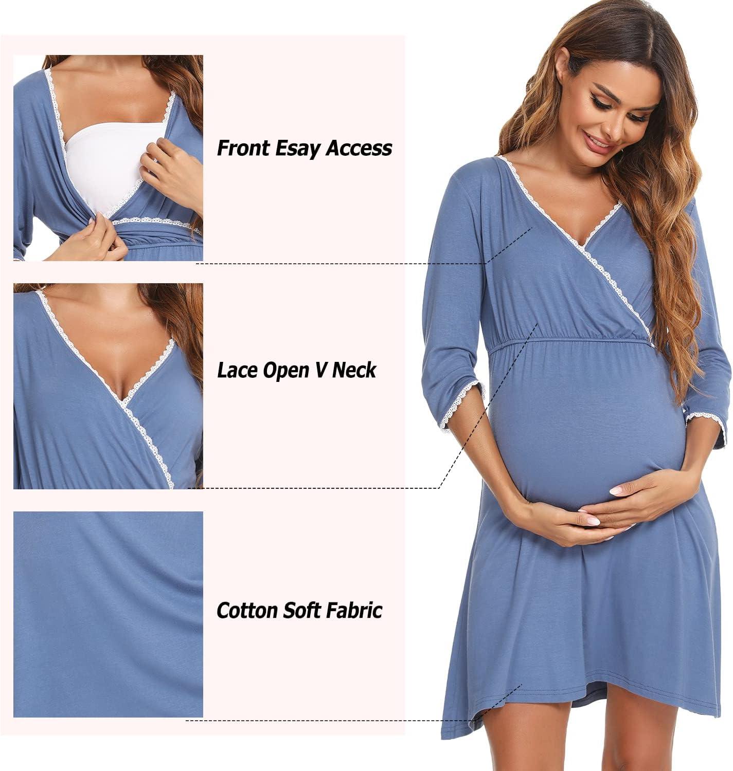 Sykooria Women's Breastfeeding Dress Cotton Soft Nursing Nightdress 3/4  Length Sleeves Maternity Nightdress Labour Nightgown for Hospital and Home  A - Grey XL