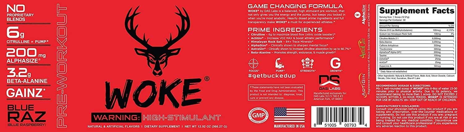  Bucked Up - Woke - HIGH STIM Pre Workout - Best Tasting - Focus  Nootropic, Pump, Strength and Growth, 30 Servings (Grape) : Health &  Household