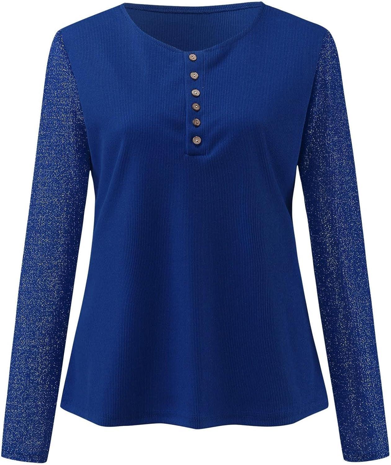 Long Sleeve Shirts for Women Fitted, Women's Long Sleeve Tops Lace V Neck  Button Down Henley Shirts Ribbed Knit Blouse Tunics XX-Large Blue
