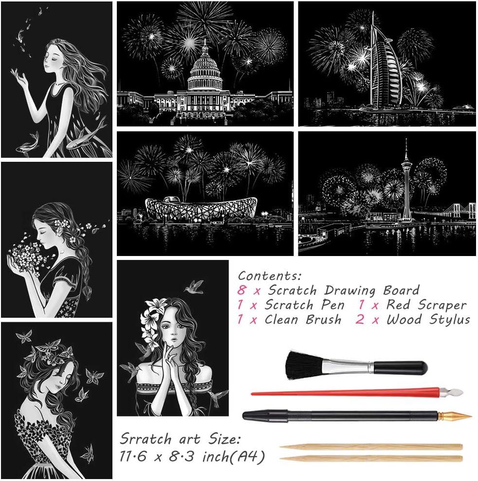 Scratch Art Rainbow Painting Paper(A4), DIY City Crafts Womens Hobbies,  Engraving Art for Kids & Adults Scratch Painting Easter & Christmas  Birthday Creative Gift Set: 8 Sheets (Fireworks & Girls)