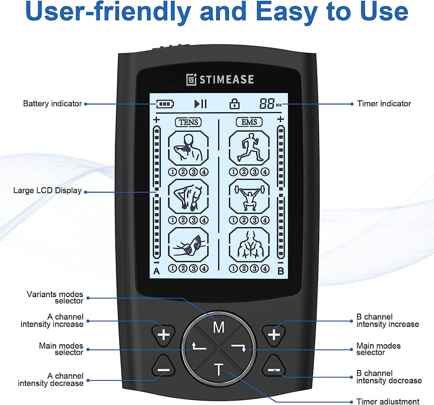 Stimease TENS Unit, 24 Modes Independent Dual Channel TENS EMS Muscle  Stimulator, Electric Massager Physical Therapy