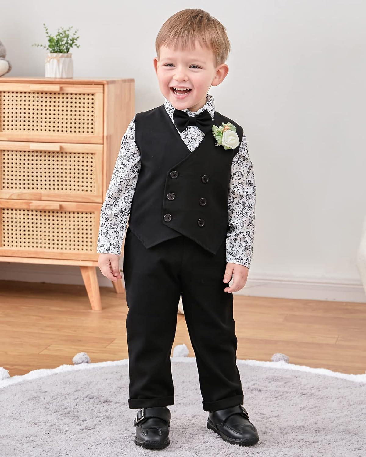 ZOEREA Baby Boy Gentleman Clothes Sets 1-5 Years Infant Wedding Tuxedo  Outfits Long Sleeve Formal Shirt+Suspender Pants+Vest+Bowtie+Boutonniere 3-4  Years Black