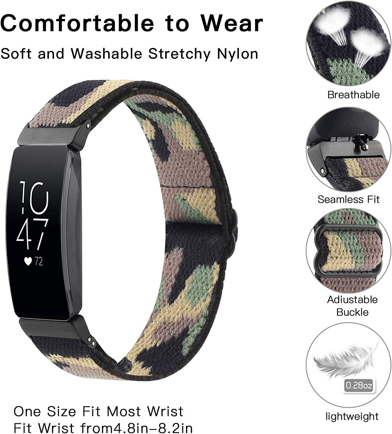 YOSWAN Adjustable Elastic Watch Band Compatible with Fitbit Inspire 2/ Inspire  HR/Inspire, Soft Nylon Stretchy Strap Wristbands Accessories Replacement Bands  for Fitbit Inspire Women Men Black Green Camo