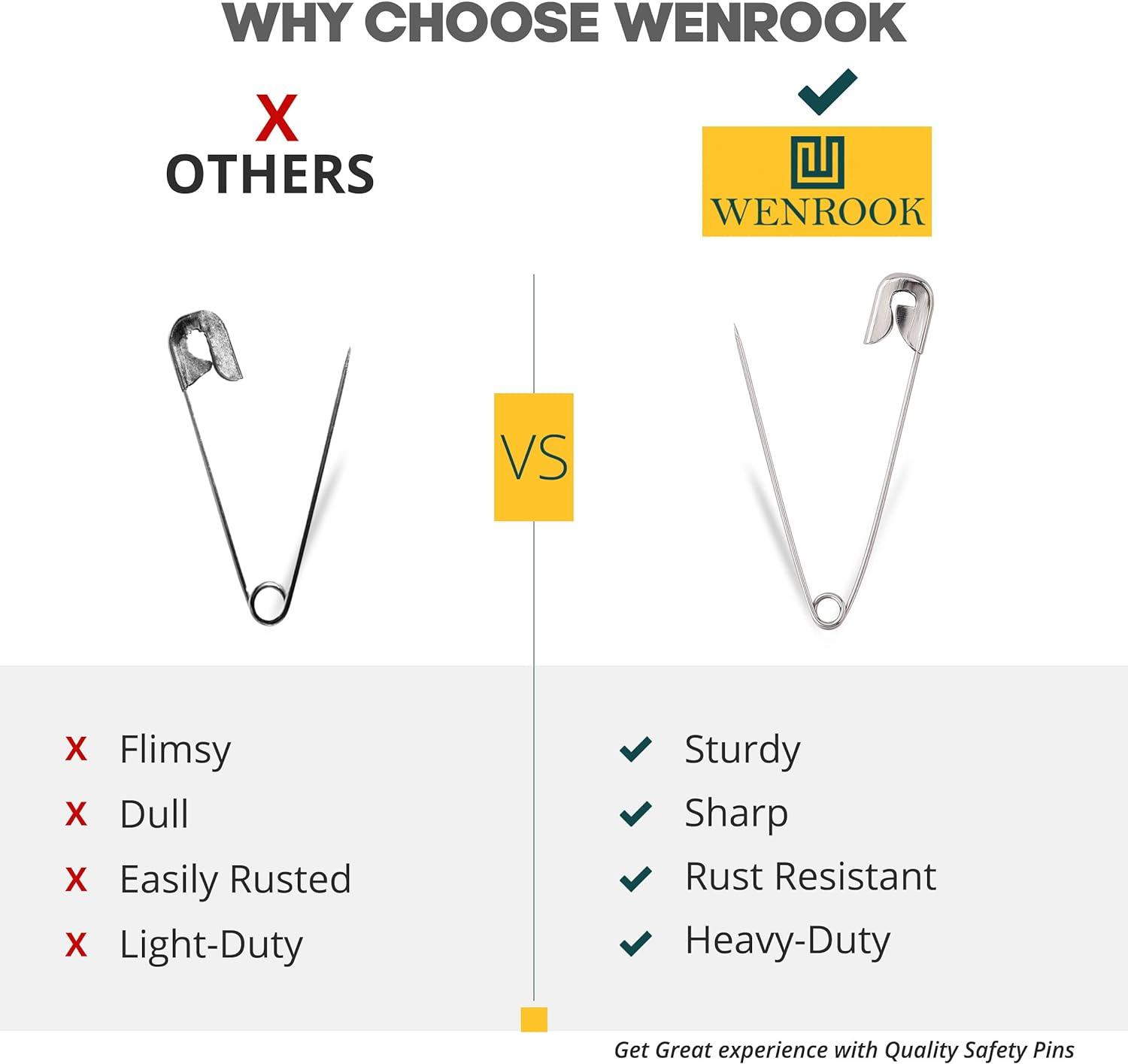 Wenrook Safety Pins Assorted 300 Pack Strong Nickel Plated Steel 5