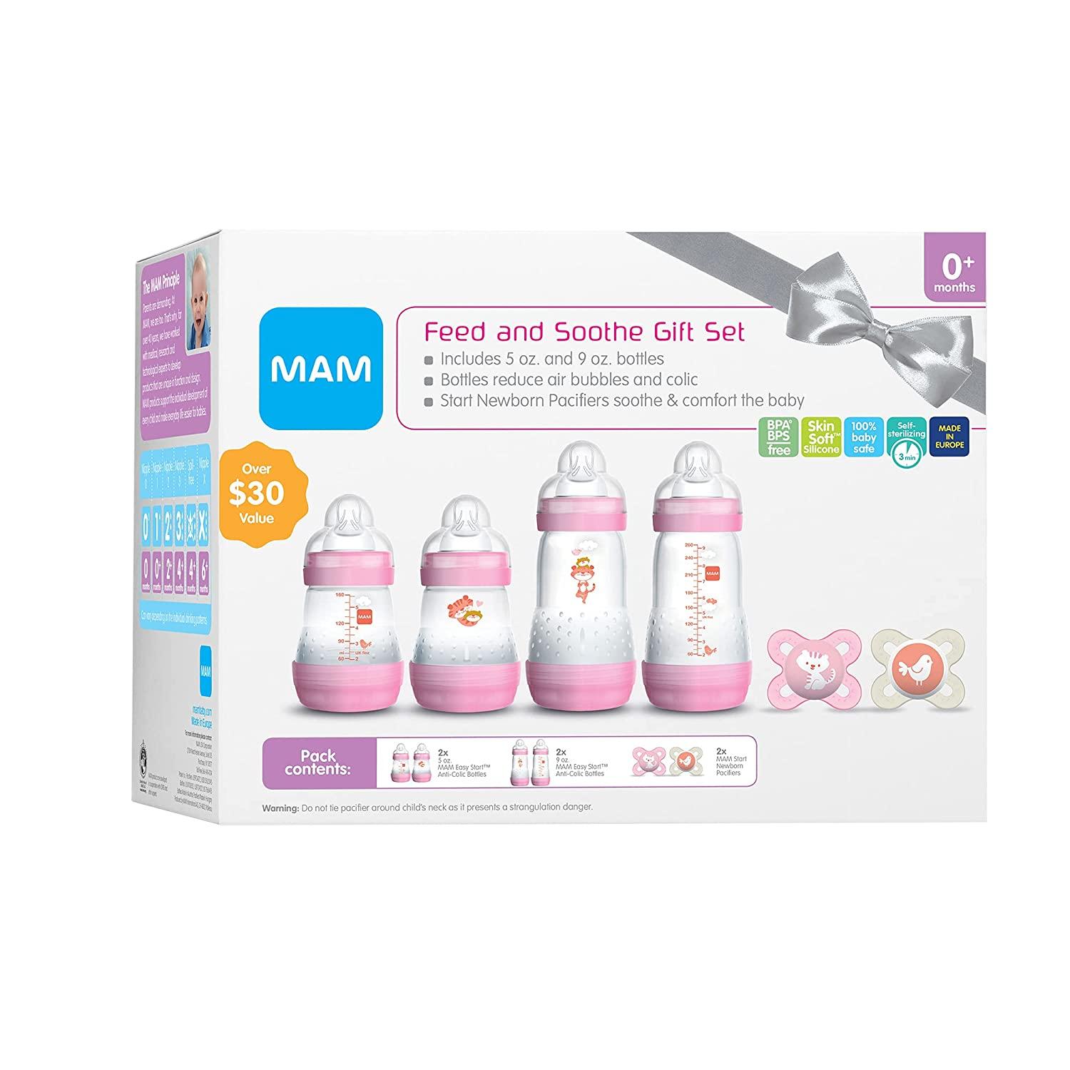 MAM Newborn Essentials Feed & Soothe Set (6-Piece), Easy Start Anti-Colic  Baby Bottles (2 Count 5 oz Bottles, 2 Count 9 oz Bottles), 0-2 Month  Pacifiers, Baby Shower Gifts for Baby Girl, Pink