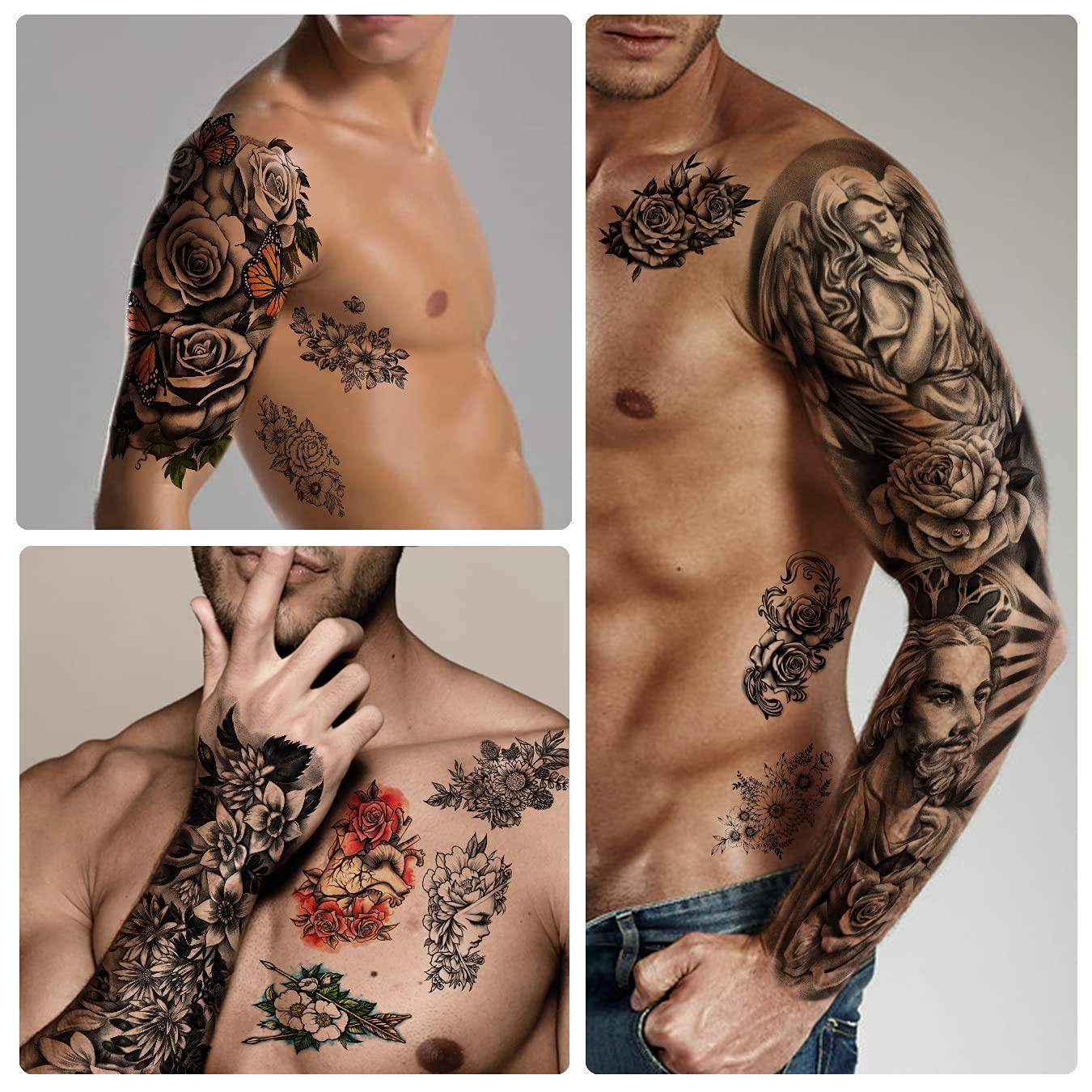 Soovsy 46 Sheets Extra Size Full Arm Temporary Tattoo Men Skull Wolf Angel Floral Butterfly Half 