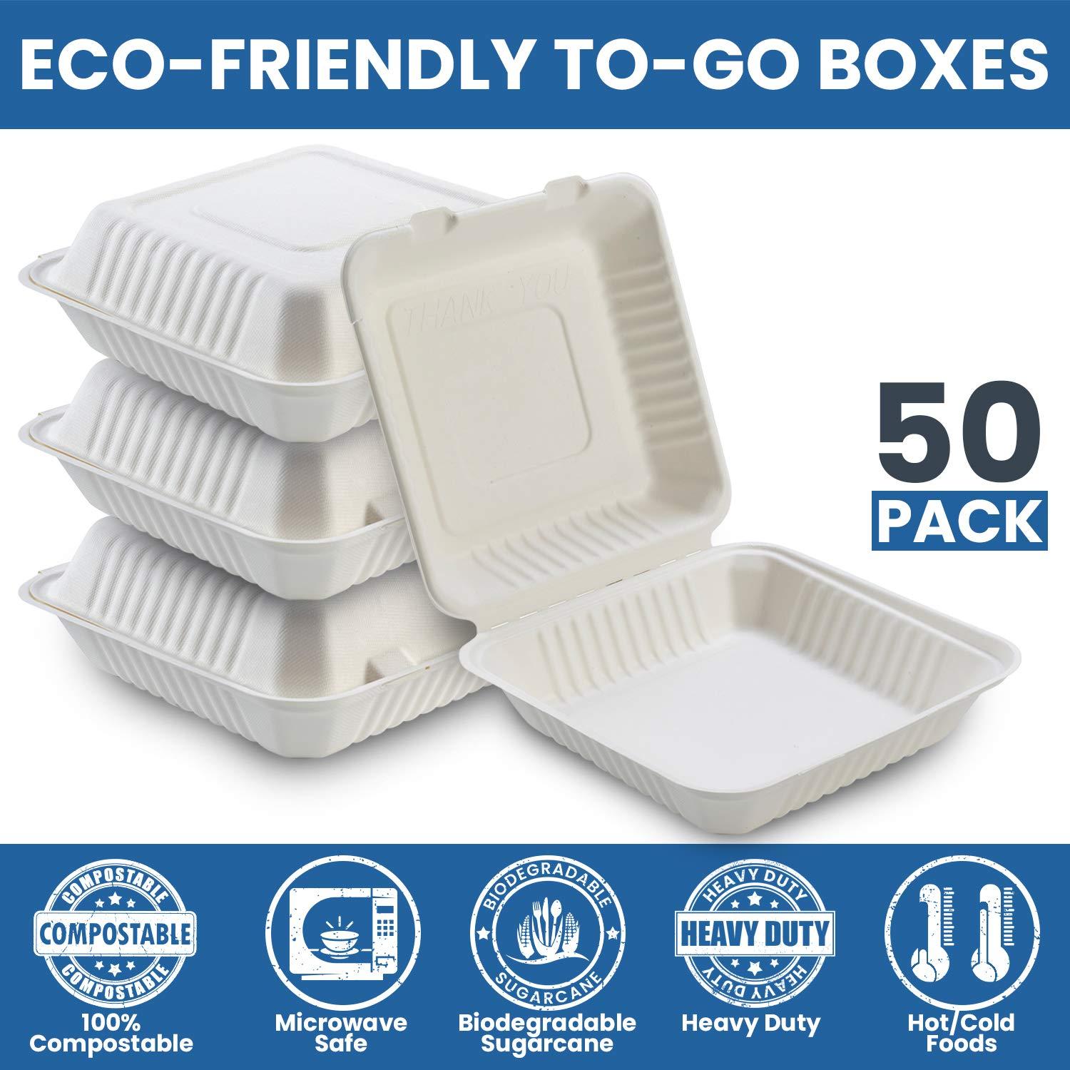 Vallo 100% Compostable Clamshell To Go Boxes For Food 8X8 1-Compartment  50-Pack Disposable Take Out Containers, Made of Biodegradable Sugar Cane,  Eco-Friendly Bagasse, Heavy-Duty ToGo Containers For Food 1-Compartment 8x8