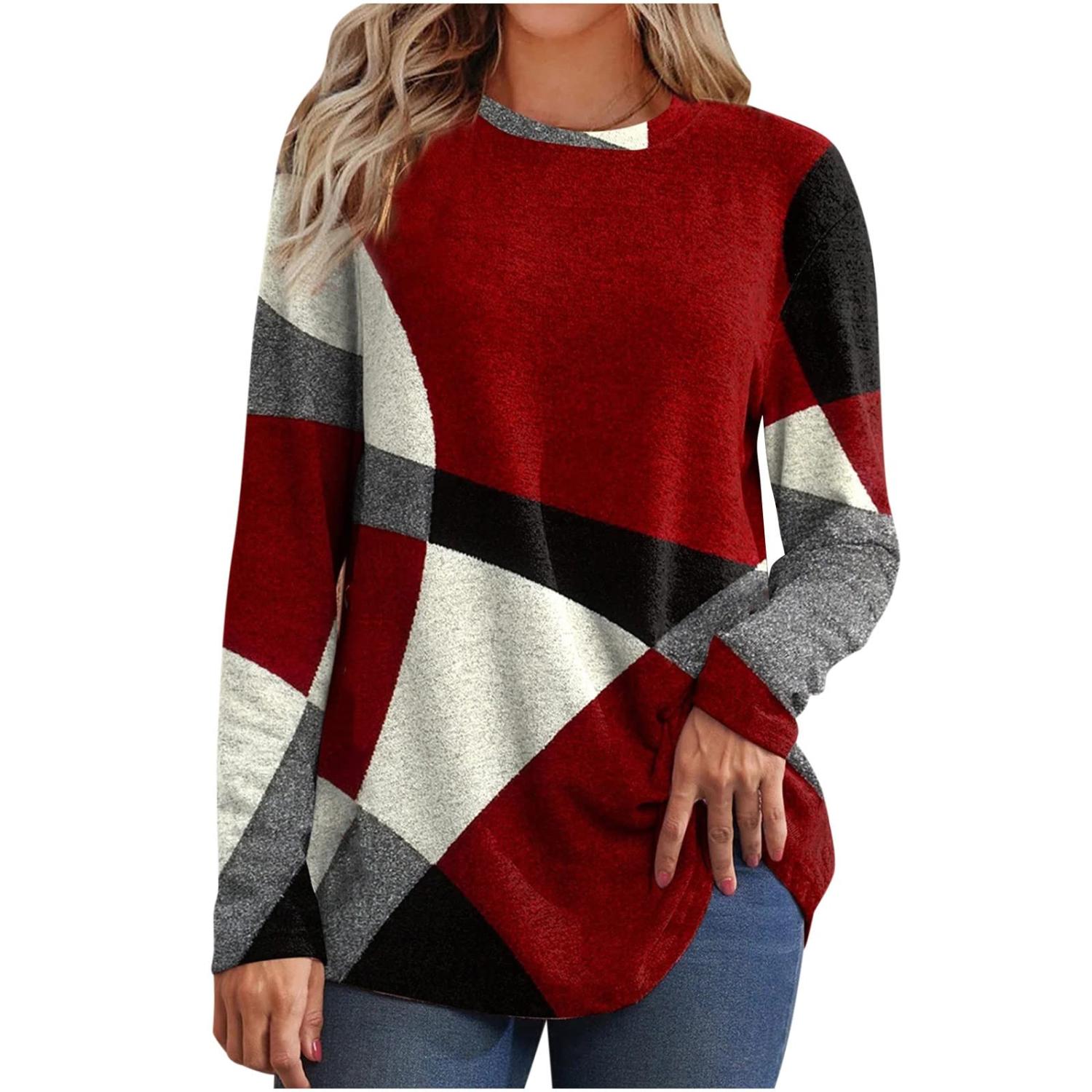 Western Tops for Ladies Plus Size Tops Womens Fall Fashion Long Sleeve T  Shirts Loose Tunic Trendy Floral Printed Sweatshirts Scoop Neck Pullover  Red XL 