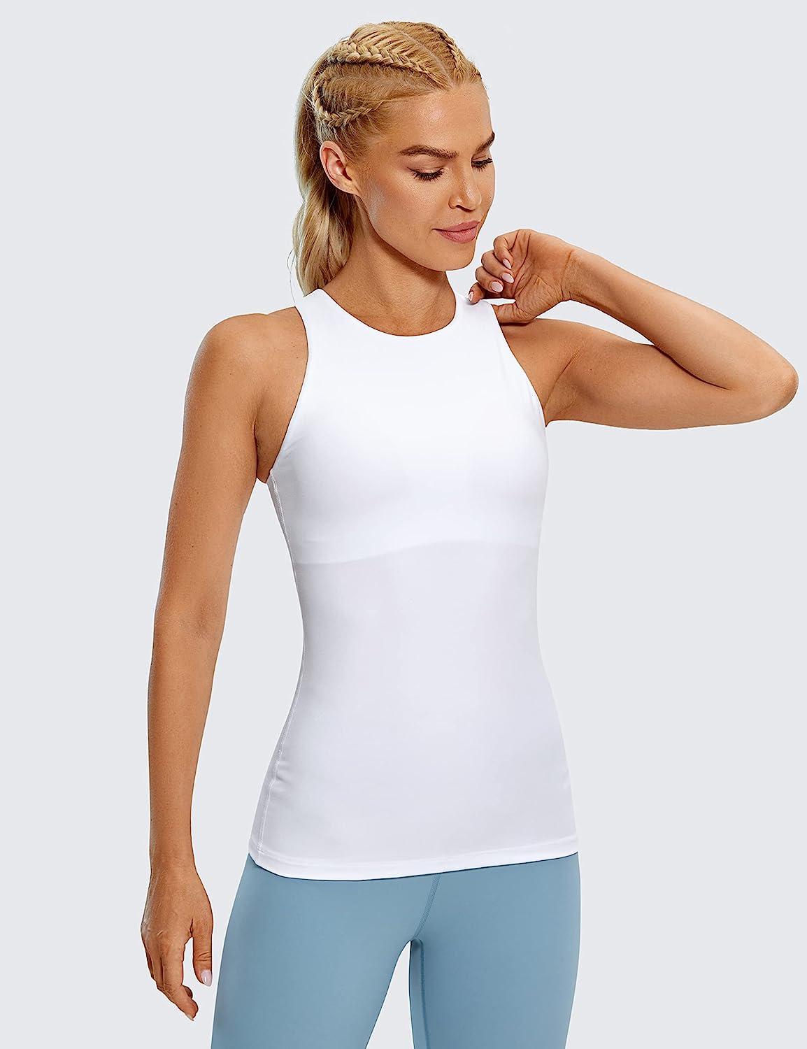 CRZ YOGA Womens High Neck Workout Tank Tops - with Built-in Shelf Bra  Racerback Athletic Sports Shirts White Large