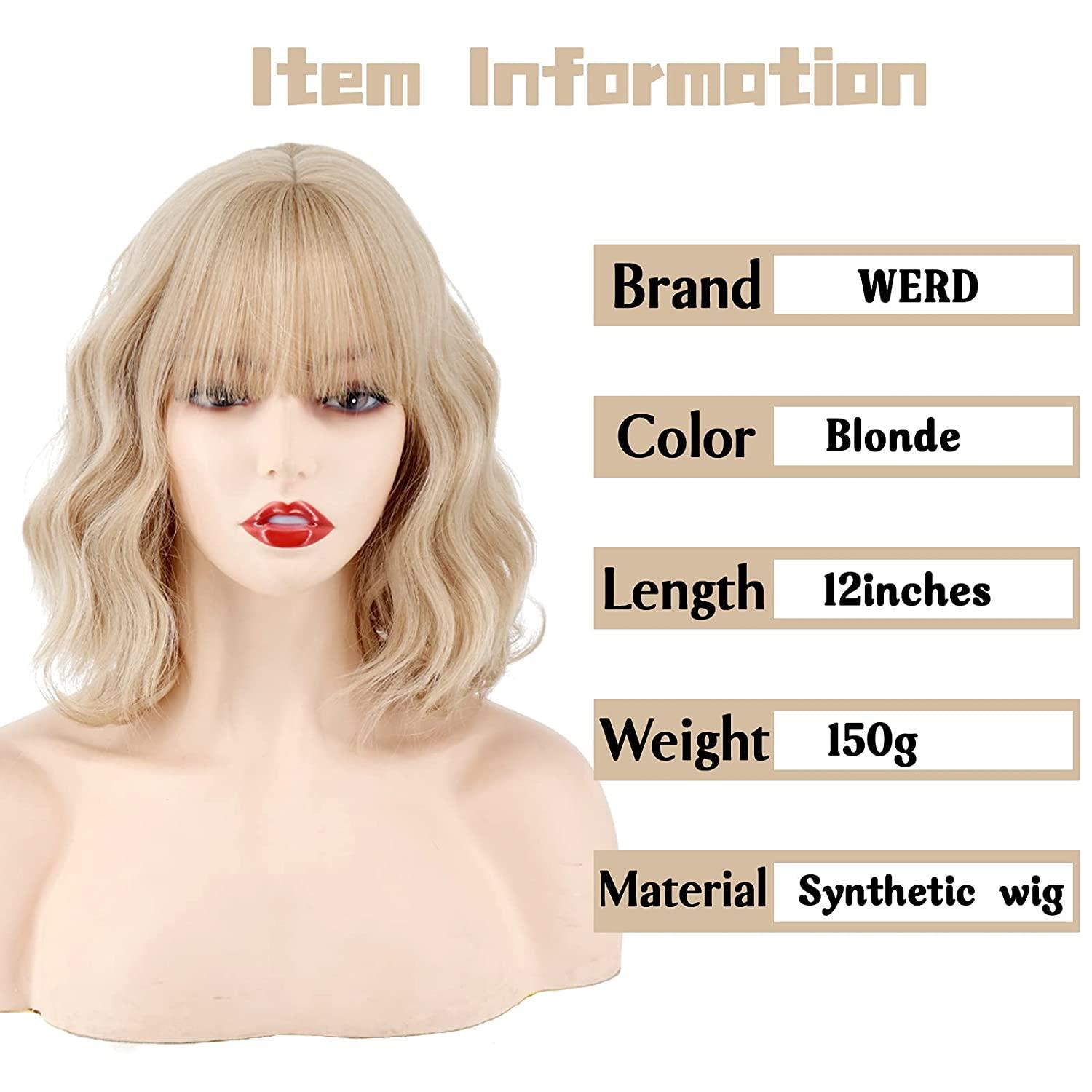 Werd Short Blonde Wig With Bangswavy Bob Blonde Wig For Womenblonde Short Curly Wig For 