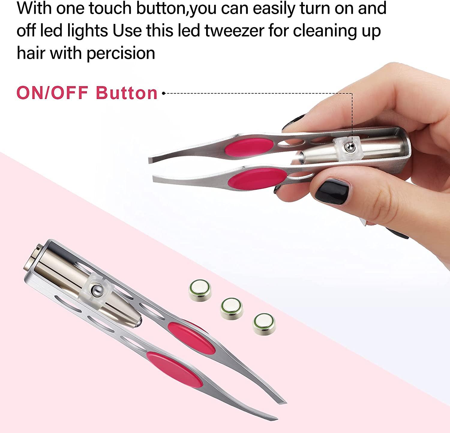 Light Tweezers Stainless Steel Tweezers with LED Light, Makeup Eyelash  Eyebrow Hair Removal Tweezers Illuminating Lighted Tweezers