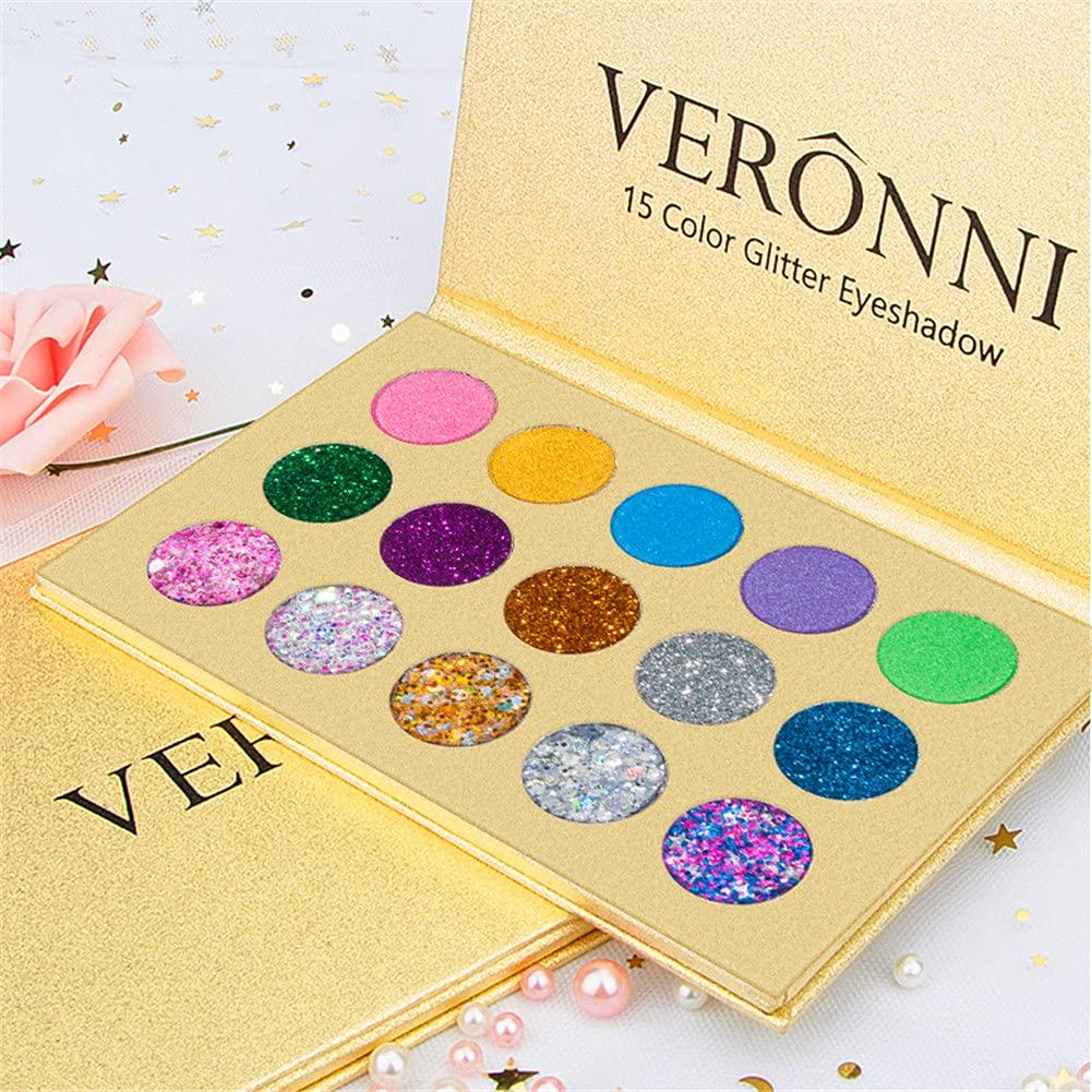 VERONNI Glitter Eyeshadow Palette -15 Colors Chunky & Fine Pressed Matte Shimmer  Glitter Stage Halloween Makeup Pallet High Ultra Pigment Eye Shadow (15  Sequins Eyshadow)