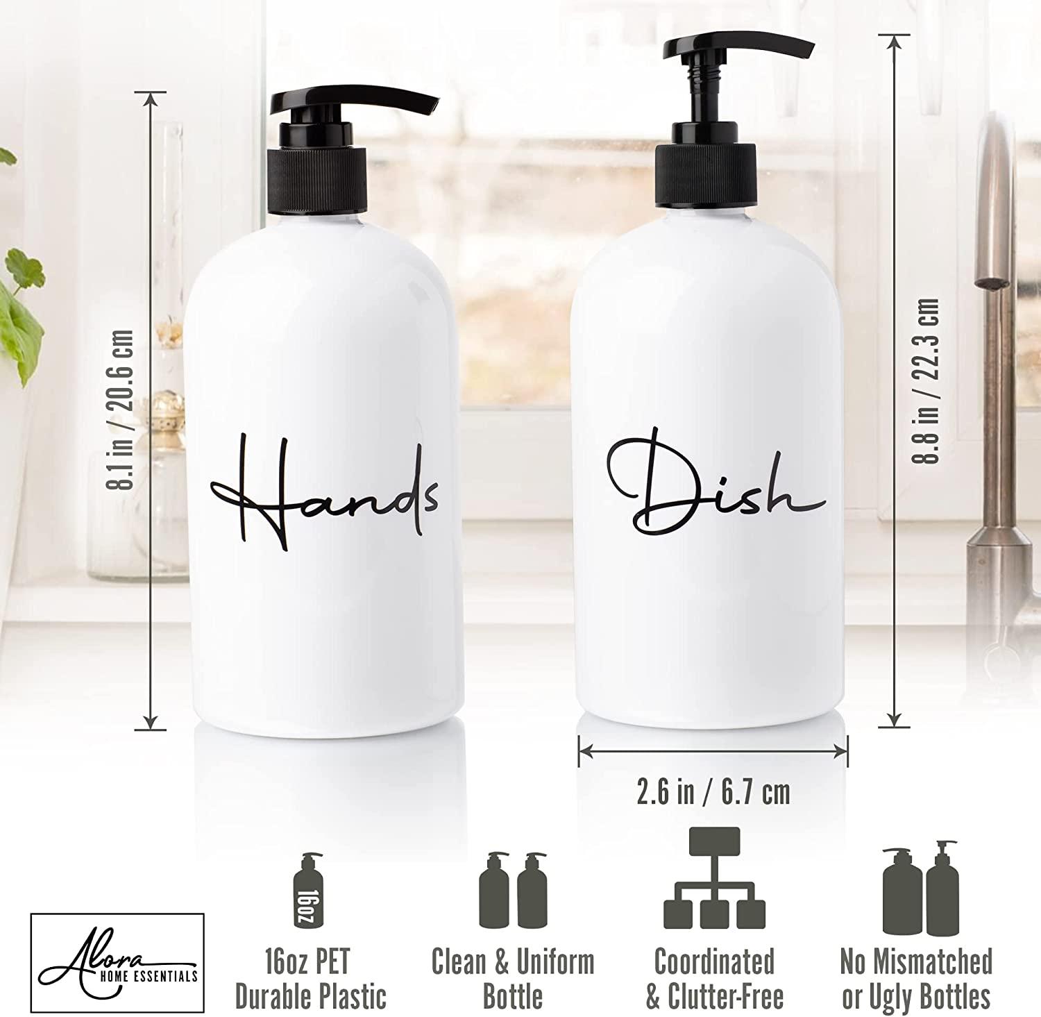Alora Hand Soap Dispenser and Liquid Dish Soap Dispenser for Kitchen Sink -  Set of 2 - Extra Wide Hand Pump Reusable Plastic Bottle with Easy to Read  Lettering - Countertop Replacement Refill