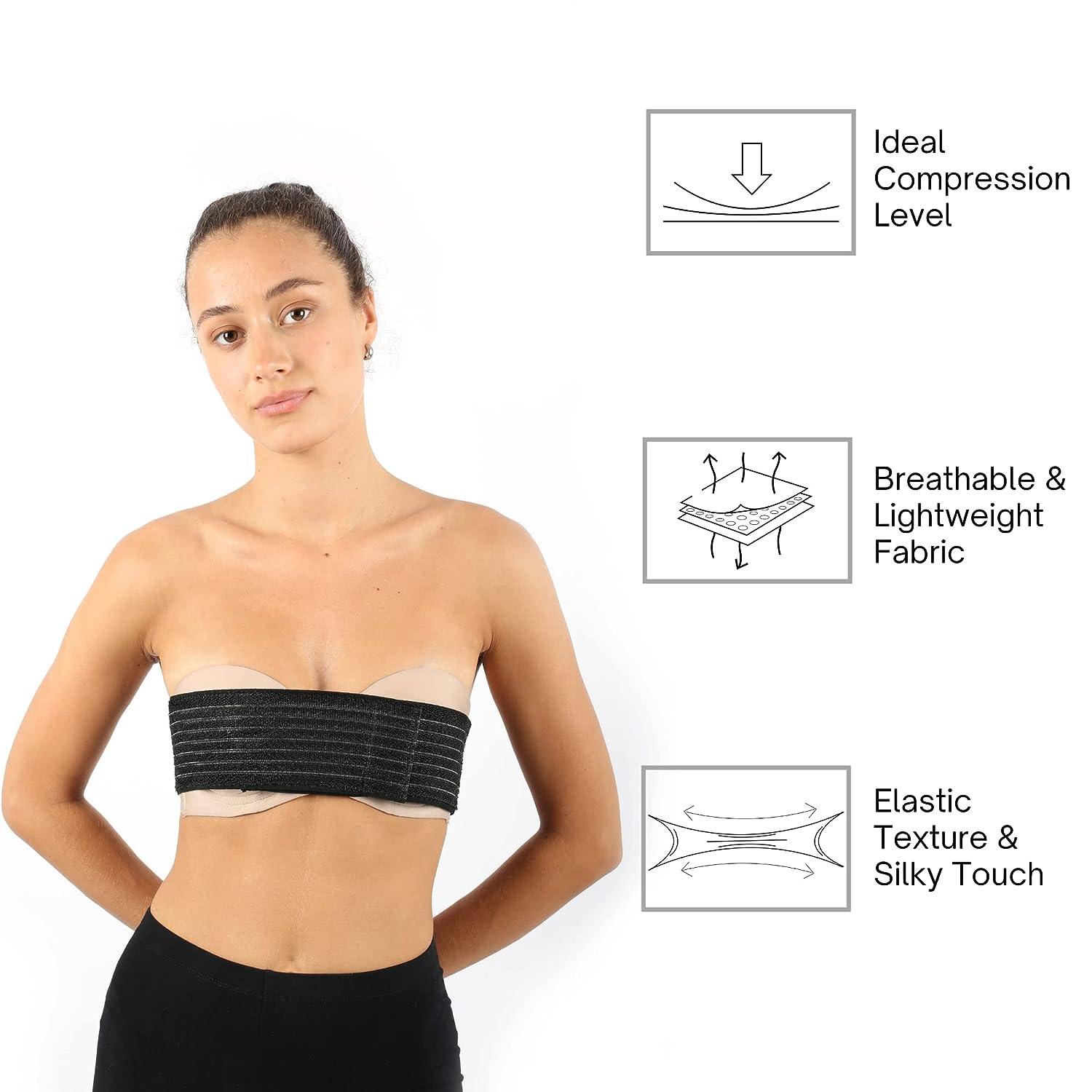 Woman in Chest Compression Wrap Touching Chest, Mammoplasty