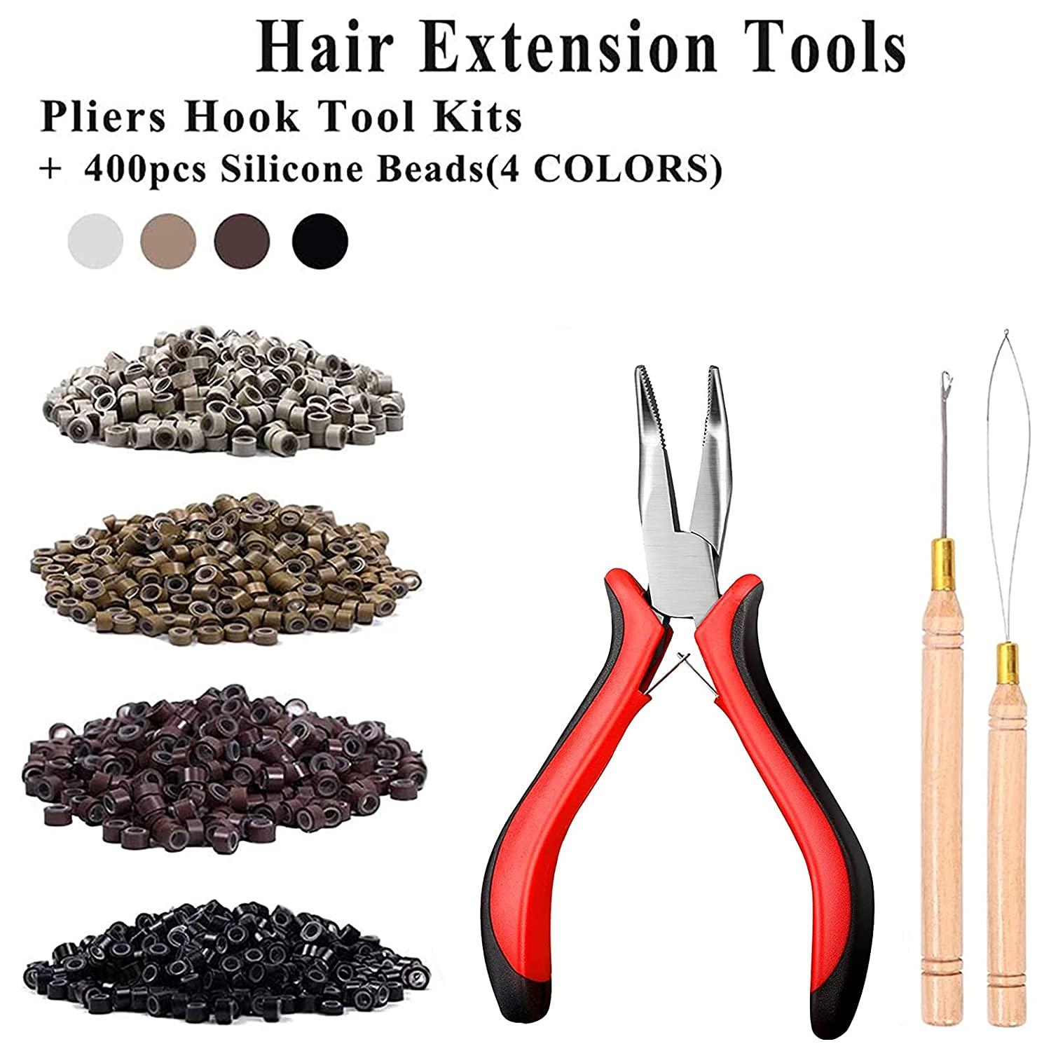 Hair Extension Loop Needle Pulling Hook Tool Bead Device Kits & Closer  Pliers