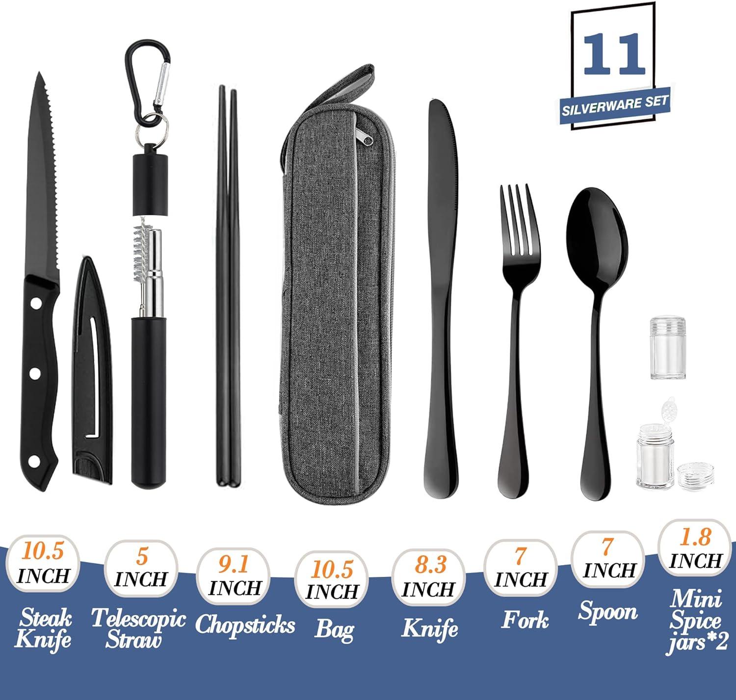 Travelwant Portable Travel Utensils Set with Case Reusable Cutlery Set Stainless Steel Chopsticks Spoon and Fork with Case for Lunch Box Travel and