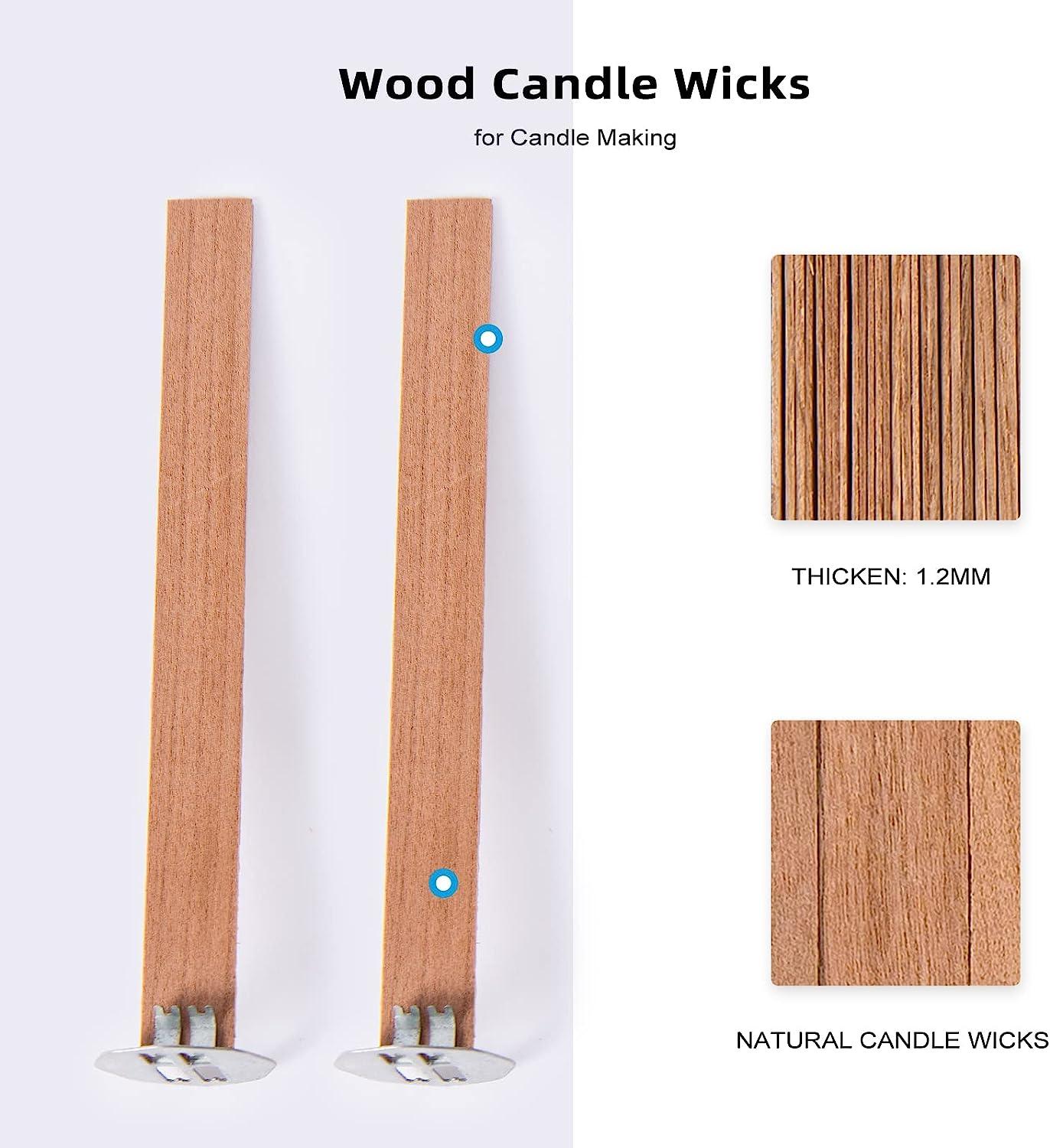 Ziosxin 50Pcs Set Thicken Smokeless Cherry Wood Candle Wicks-Long Lasting  Flame-Easily Burn,Natural Candle Cores with Stand and Glue Dot,Candle Wicks  H*W*D(5.1*0.5*0.04/13 * 1.3 * 0.12cm) 50sets of Thickened wood wicks