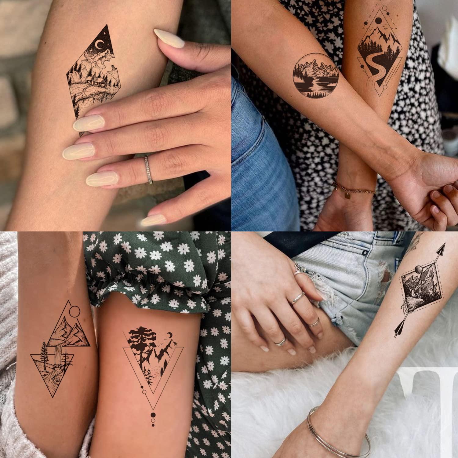 Geweir 52 Sheets Black Mountain Temporary Tattoos For Men Women Adults,  Waterproof Pine Tree Geometry Line Art Mountain Fake Tattoo Stickers,  Realistic Small Sea Weave Moon Tattoos Triangle : Amazon.co.uk: Beauty