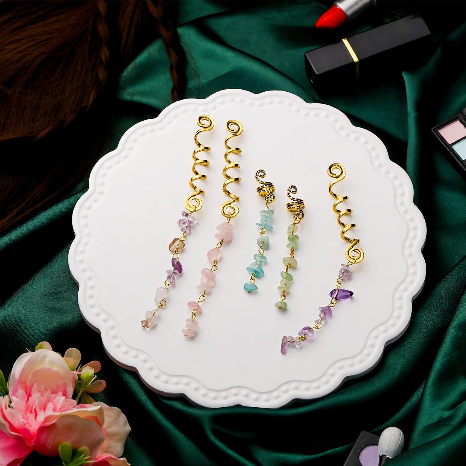 12 Pieces Colored Natural Stone Pendant Hair Jewelry for Braids Crystal  Dreadlock Accessories Hair Gems Metal
