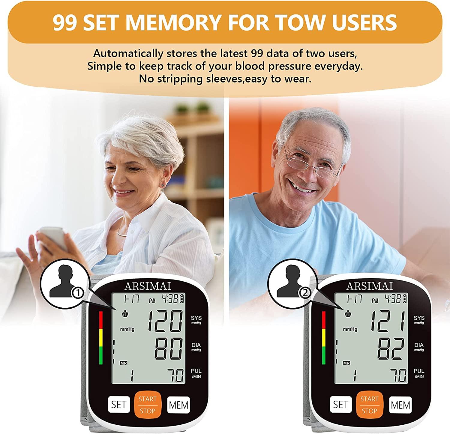 Aoibox Automatic Blood Pressure Monitor Wrist BP Monitor with Large LCD Display, Adjustable Wrist Cuff, 99x2 Sets Memory