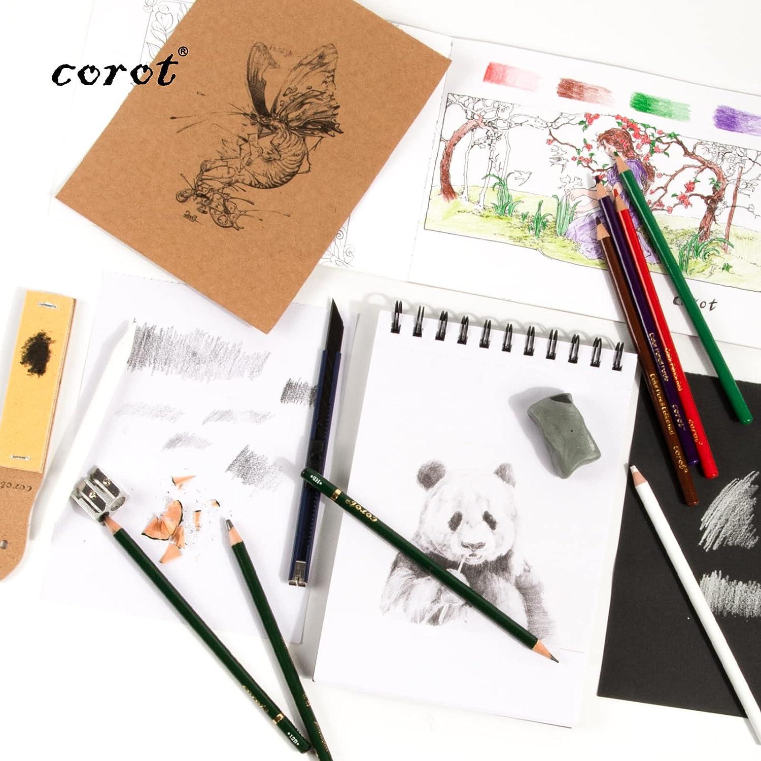 Corot 80pcs Drawing Kit Pencils Painting Set, WIth 3-Color Sketch Book and  Color Book Sketching Kit,Pro Arter Paint Gloves and High Grade Penils Set  For Kinds Beginners or Artists.
