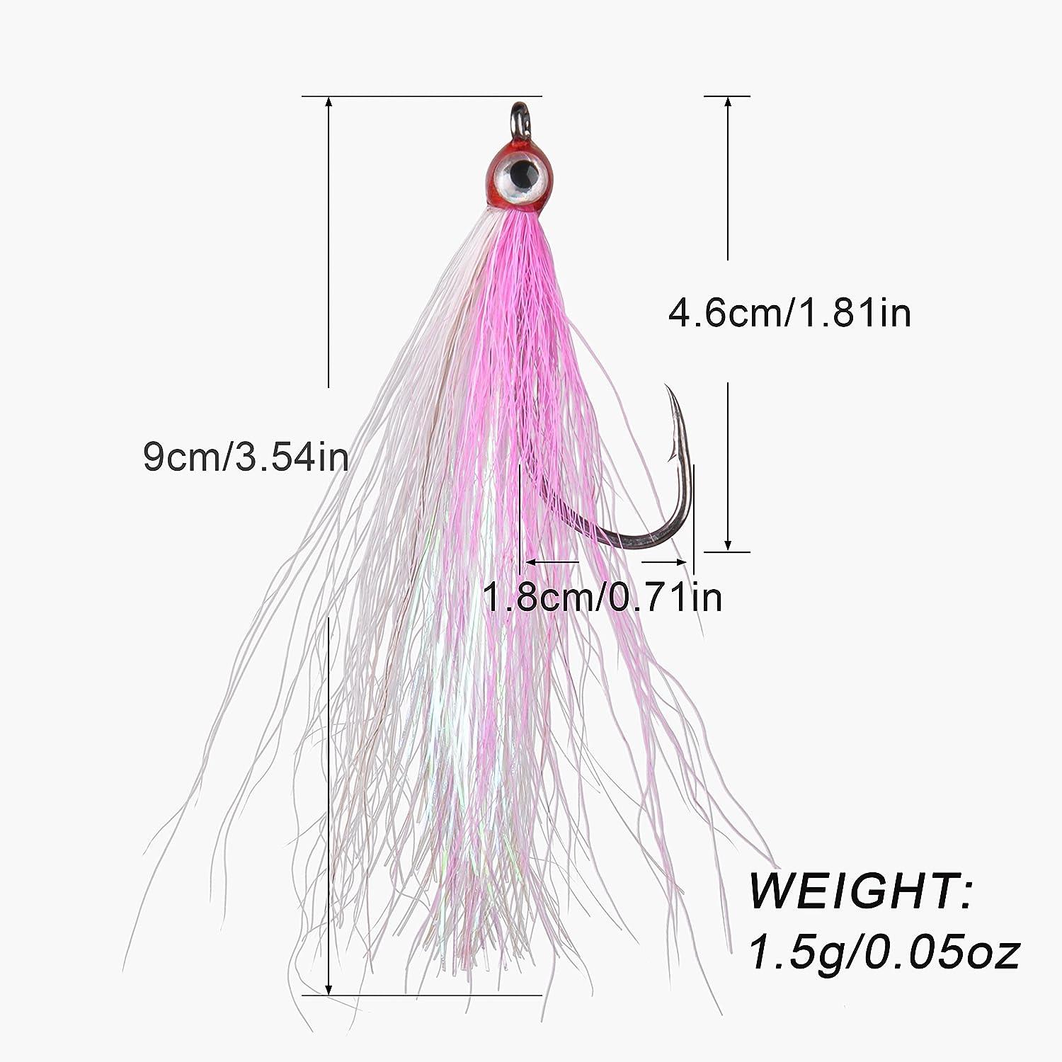 Fishing Bucktail Teaser Hooks,5pcs Saltwater Fishing Teaser Lures with  Bucktail Crystal Flash Skirt Big Eyes Fluke Flounder Rig Fishing Jig Hooks  5