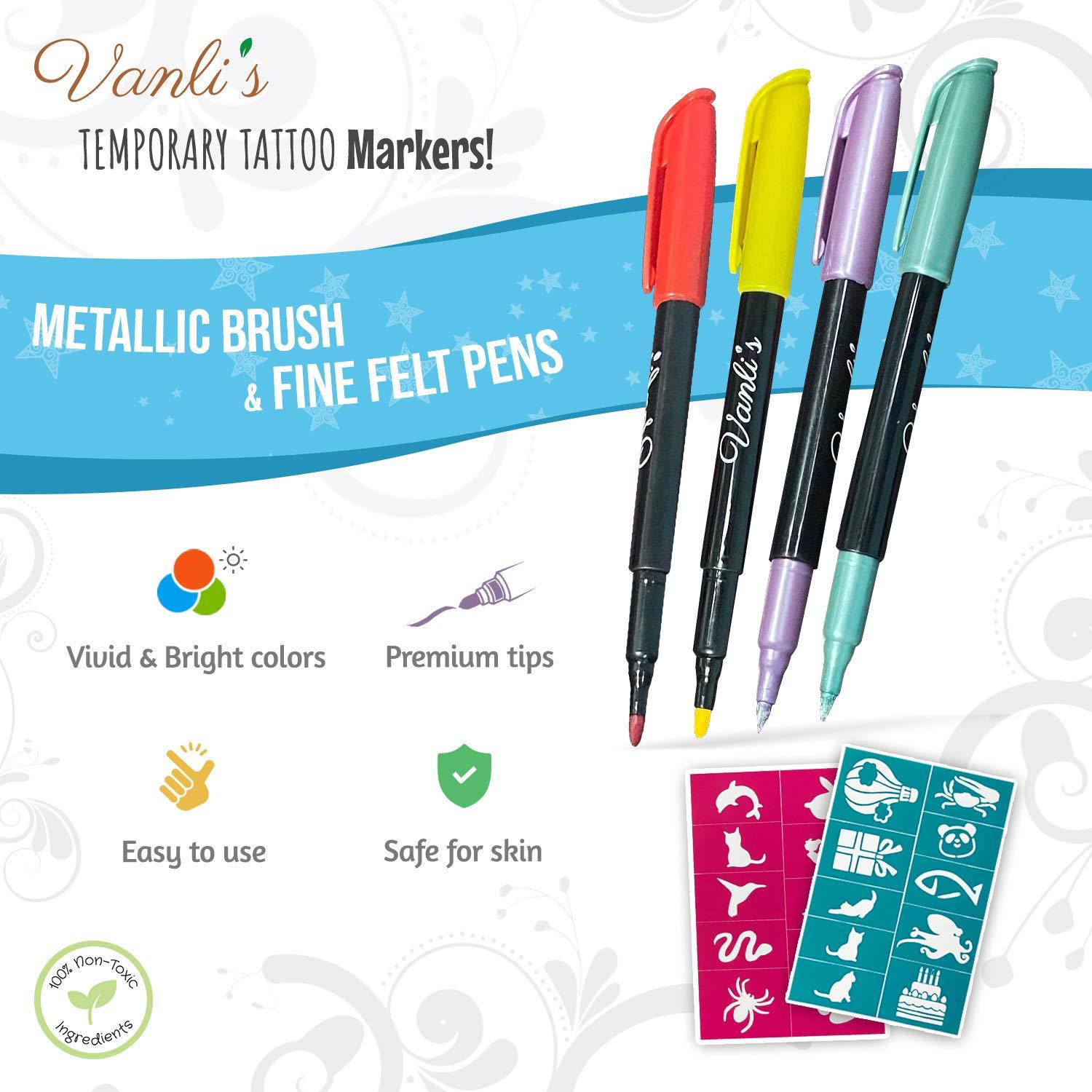 Vanli's Temporary Tattoo Pens - Stocking Stuffers For Teens, Kids, Adults,  Trendy Tattoo Kit, Skin Safe & Colored Ink Tattoo Pens for Body & Face Art
