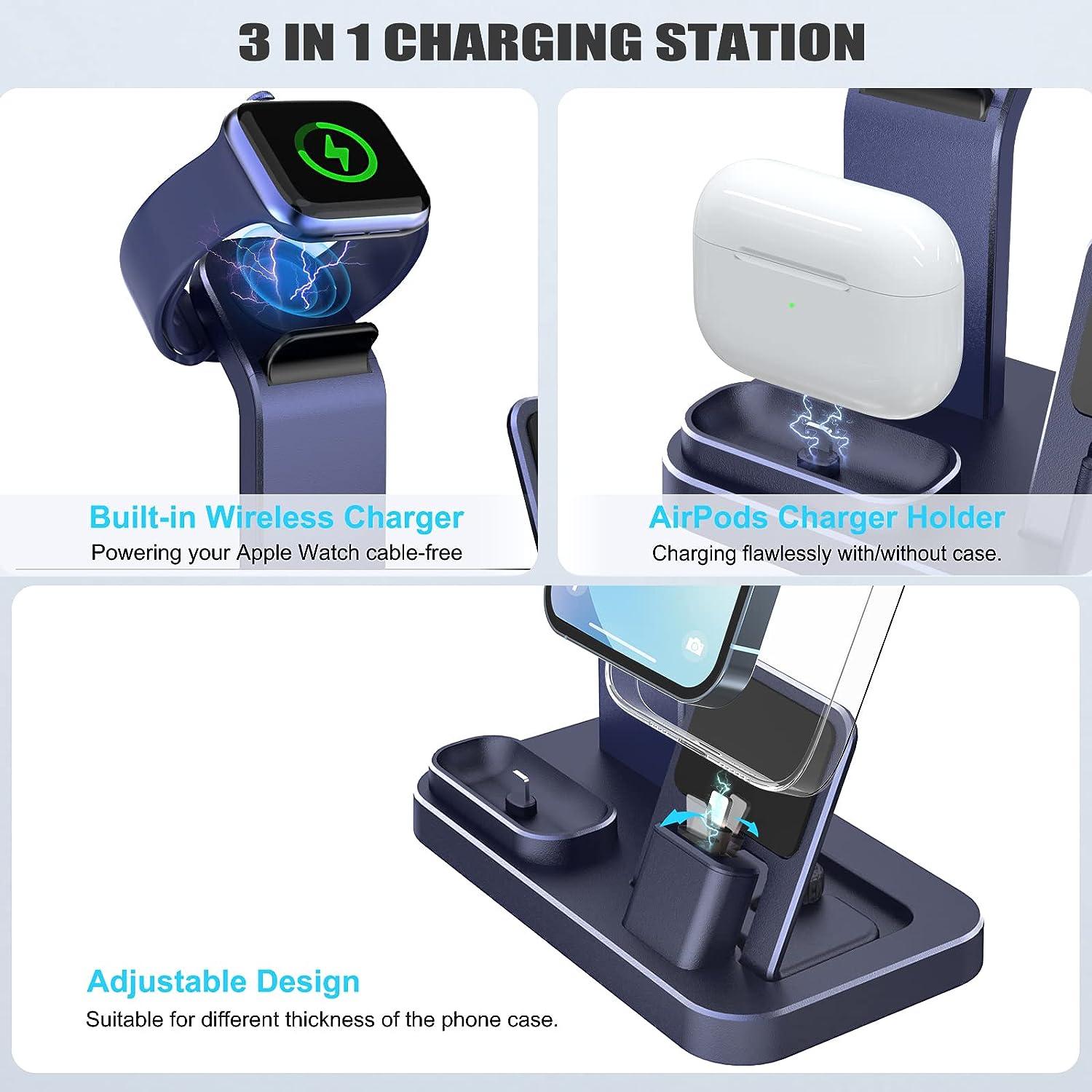 3 in 1 Charging Station for Apple Products, Removable Charging Stand for iPhone  Series AirPods Pro/3/2/1, Charging Dock for Apple Watch SE/Ultra/ 8/7/6/5/4/3/2/1(with 15W Adapter and Cable)(Blue)