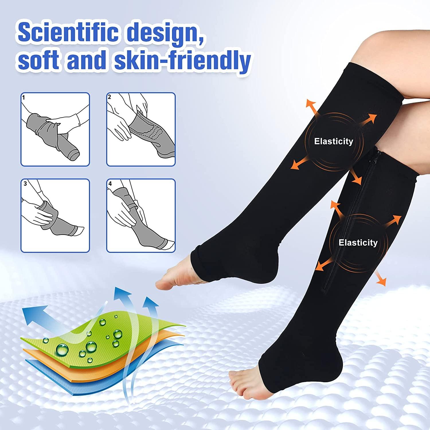Bropite Zipper Compression Socks Women & Men - 2 Pairs 15-20 mmHg Open Toe  Compression Socks for Walking,Running C - Black /Nude Large-X-Large
