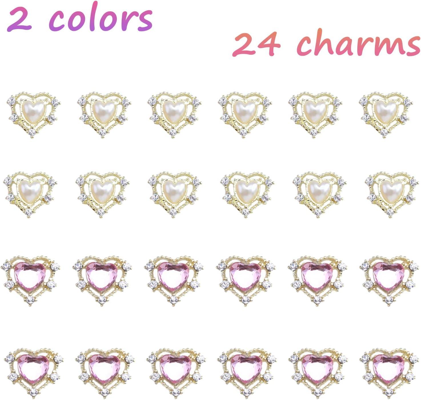 YOSOMK 24PCS Heart Nail Art Charms White Pink Nail Charms 3D Heart