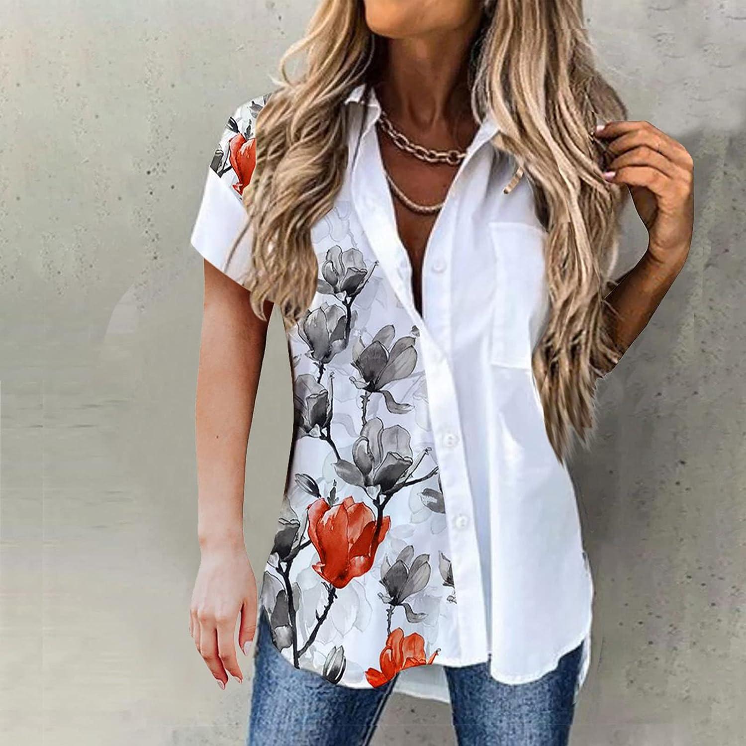 Ganfancp Women's Cardigan Top Summer Button Down Lapel Short Sleeve Shirts  Outwear Floral Print Lightweight Loose Fit Blouse White-64 XX-Large
