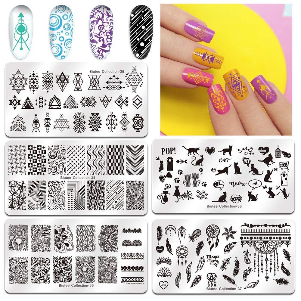 Biutee 5pcs Nail Stamping Plates + 1 Stamper + 1 Scraper Lace Flower Animal  Pattern Nail Art Stamp Stamping Template Image Plate Nail Art Stamper  Scraper Nails Tool 