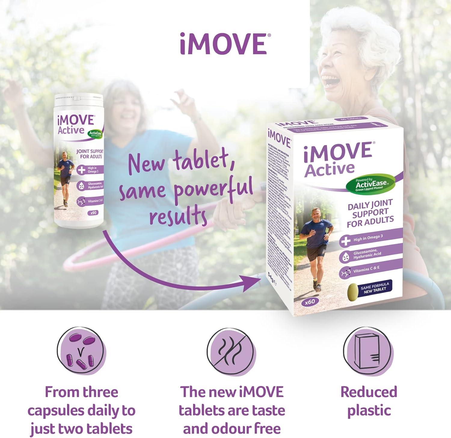 iMOVE Active  Natural Joint Supplement for Humans, 60 Tablets - Includes  Glucosamine HCl, Green Lipped Mussel, Hyraluronic Acid, Vitamin E and C and  Manganese : : Health & Personal Care