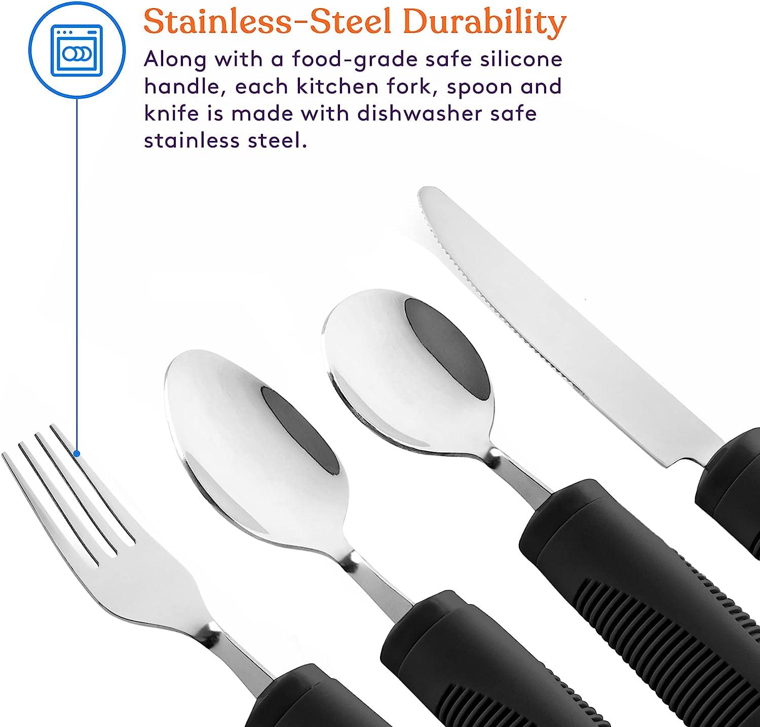 Adaptive Eating Utensils by Celley for Parkinson's, Arthritis, MS, Elderly,  Hand Tremors, Handicapped | 4pc Easy Grip Silverware Stainless Steel