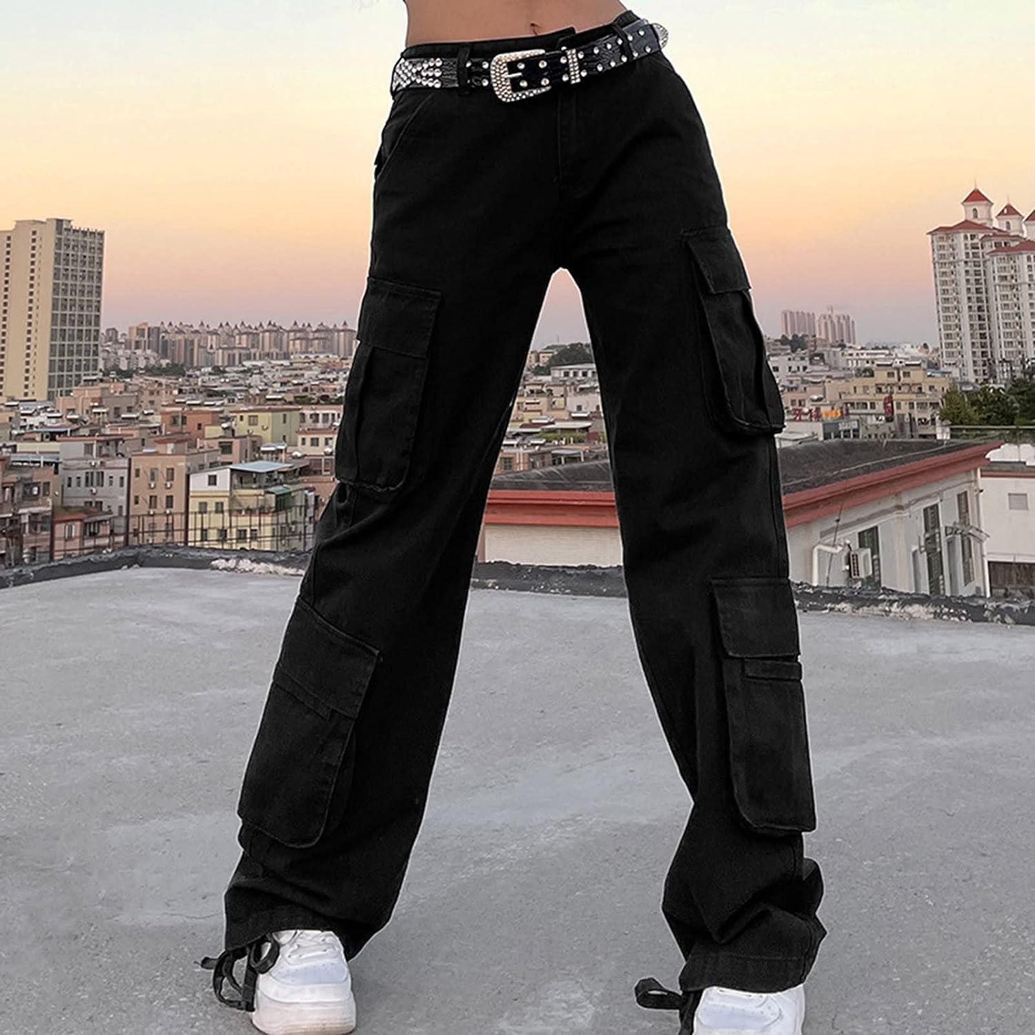 Womens High Waisted Black Cargo Baggy Pants with Pockets Solid Casual Cute  Y2k Streetwear Pants