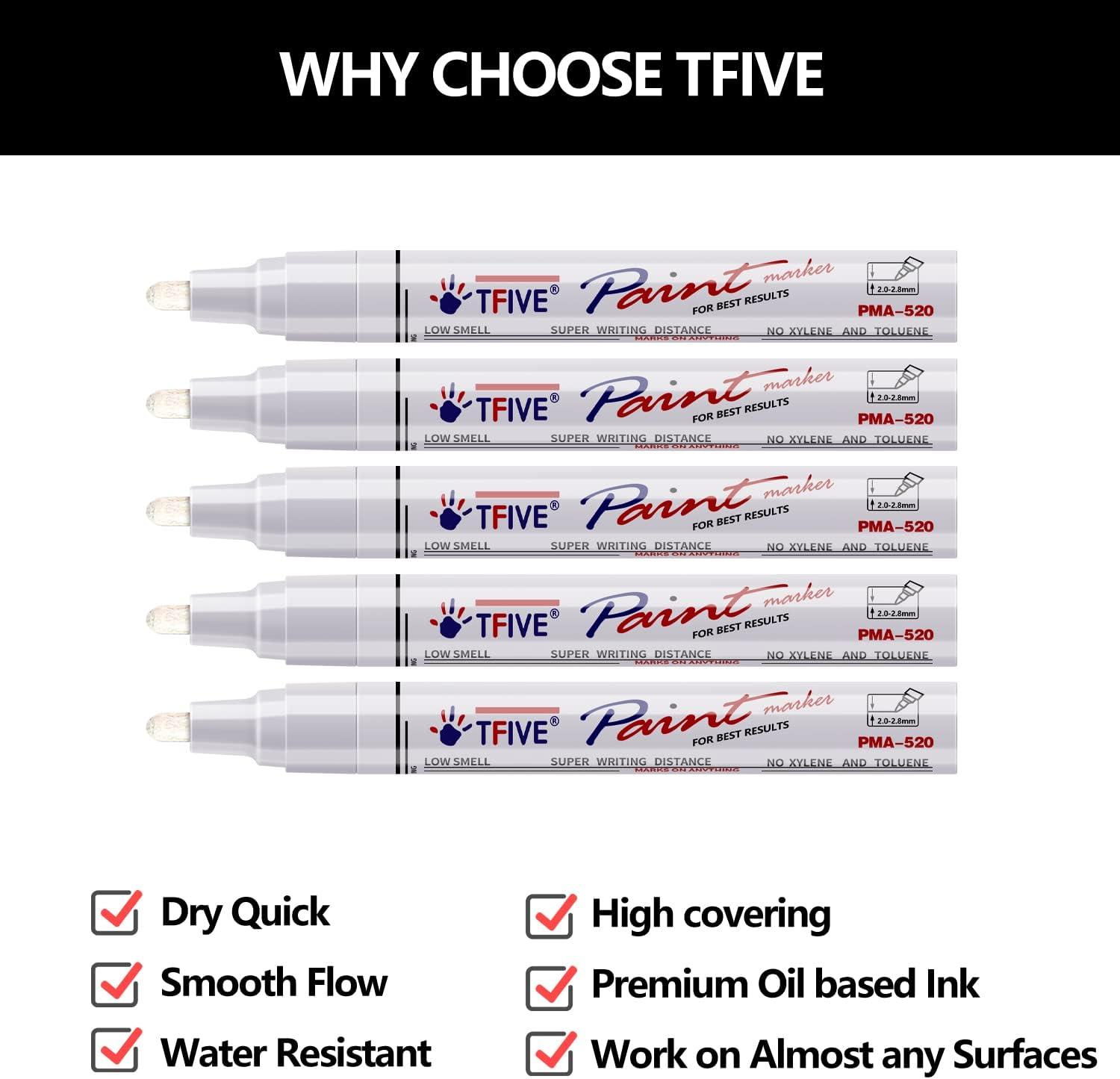 TFIVE White Paint Marker Paint Pens - 5 Pack Oil Based Permanent Marker Pen, Medium Tip, Waterproof & Quick Dry, for Office, Art Projects, Rock